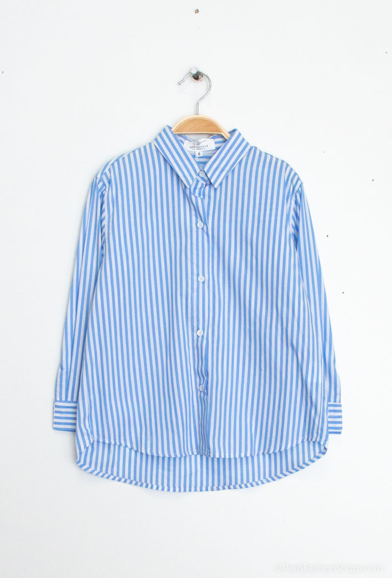 Robe chemise à rayures bleue et blanche avec broderies | Essentiel Antwerp France