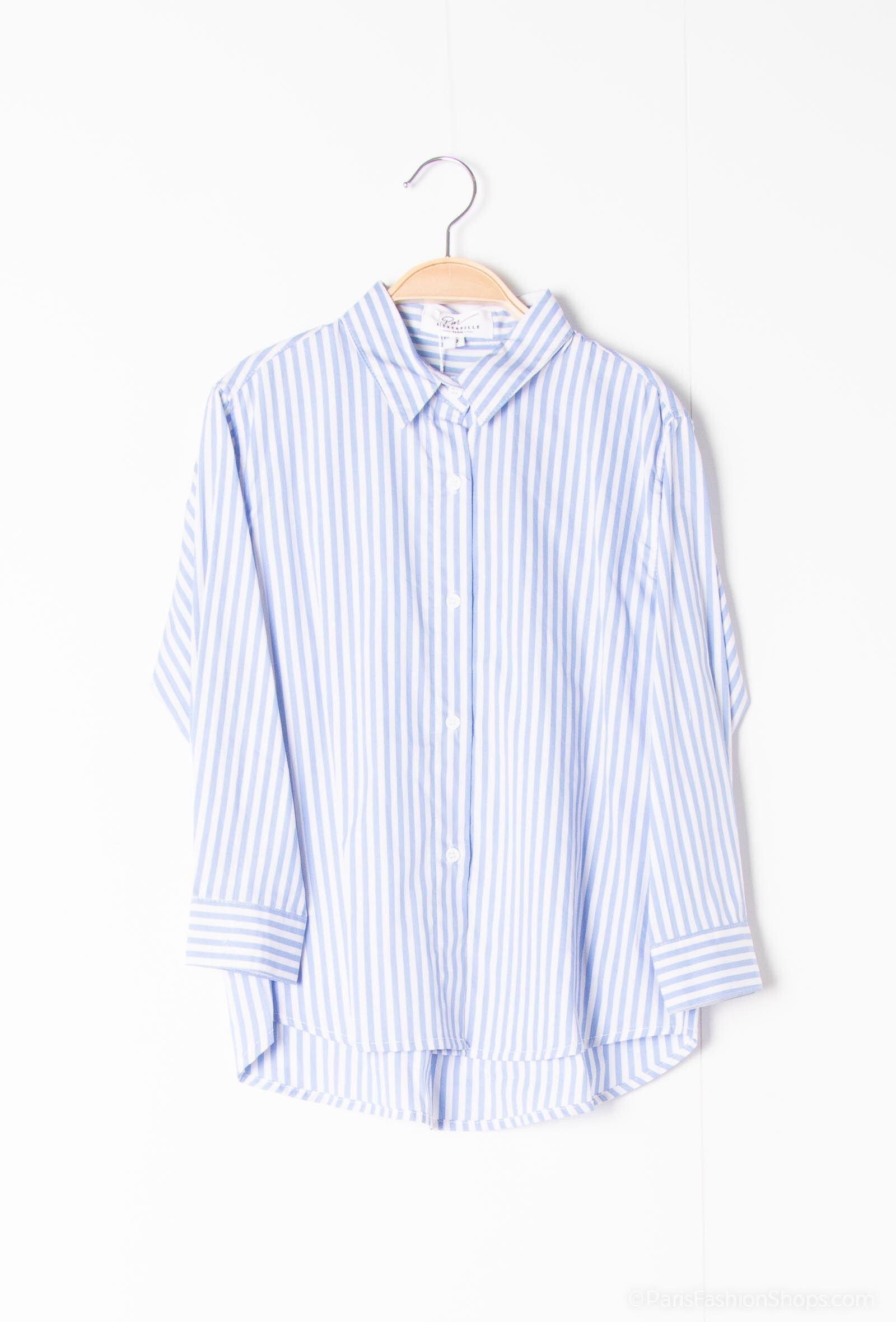 Camicia a righe con ricamo "Sogni" sul retro - Blu - 1 - formato grande