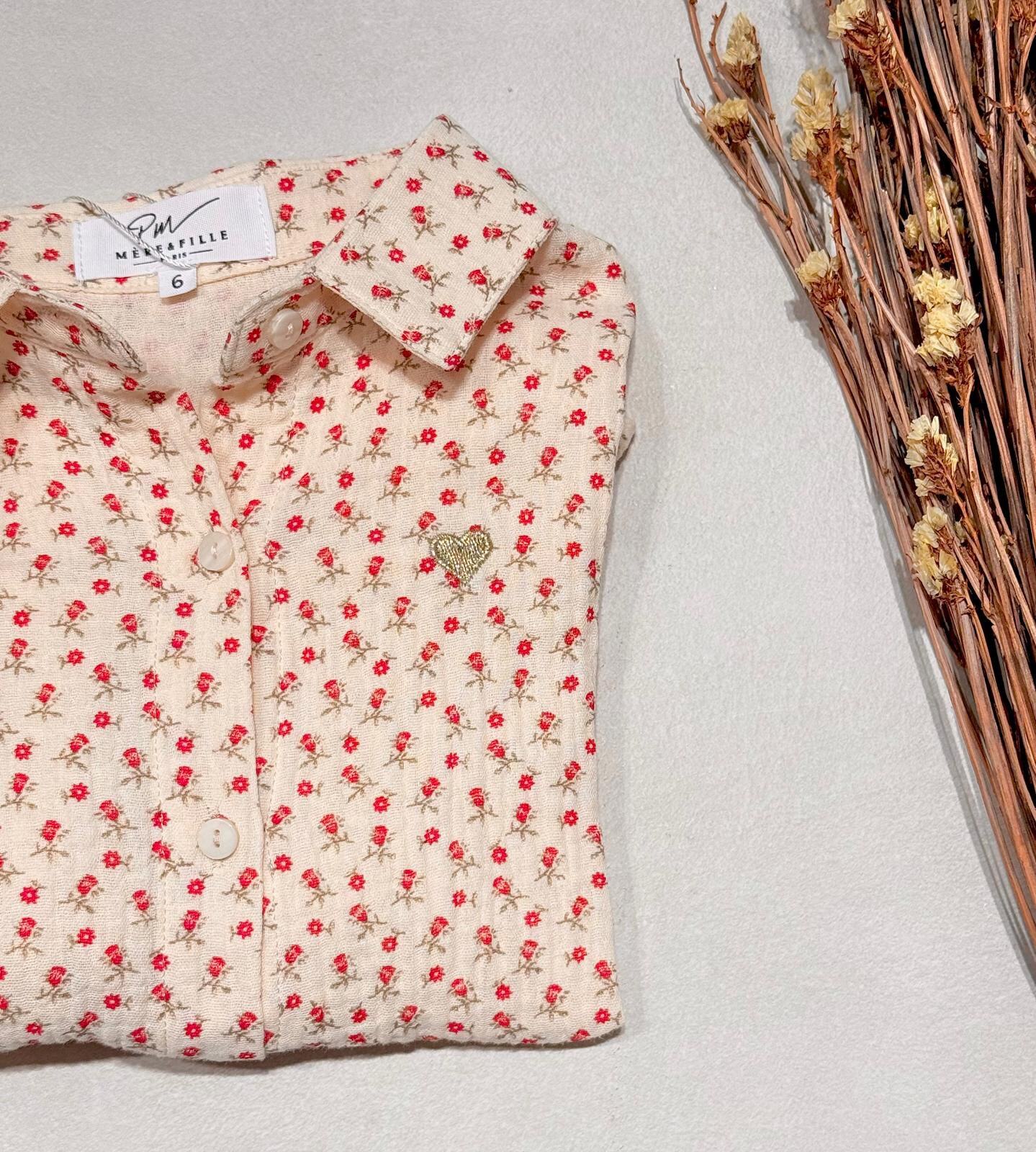 Großhändler PM Mère & Fille - Blumige Baumwollgaze-Bluse mit gesticktem goldenen Herz