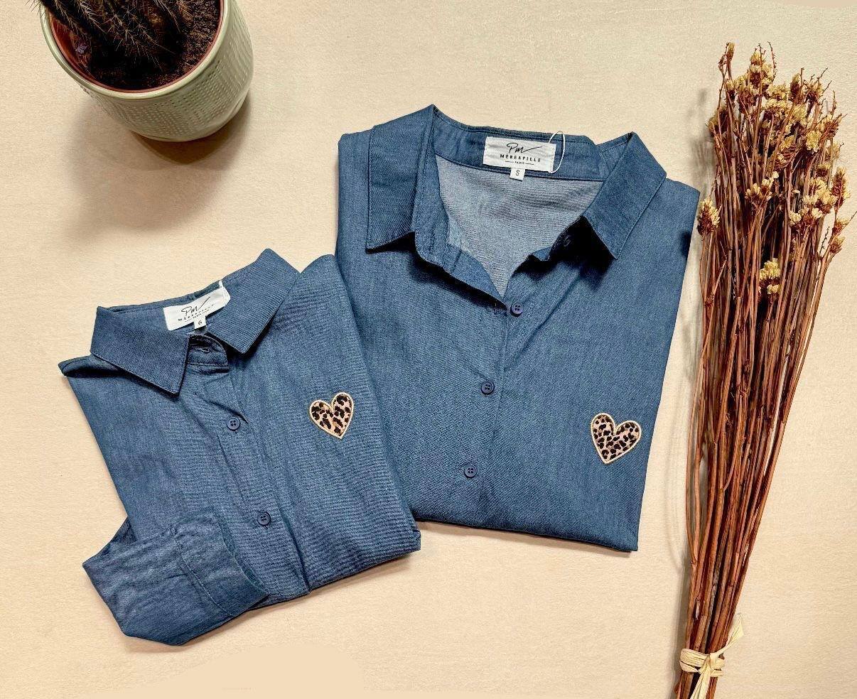 Grossiste PM Mère & Fille - Chemisier avec broderie coeur léopard