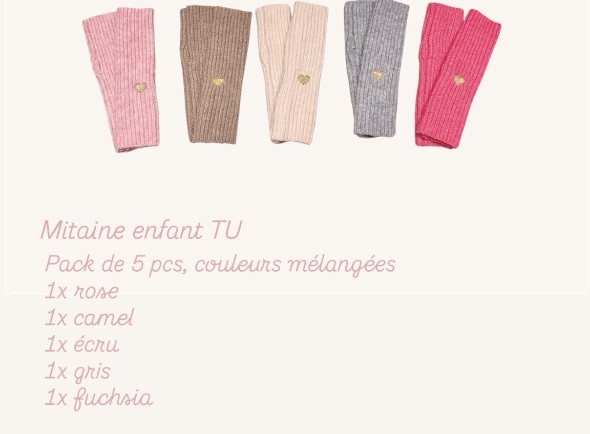 Großhändler PM Mère & Fille - Kinderfäustlinge mit goldener Herzstickerei, 5 Stk., gemischte Farben (Kamel, Ecru, Grau, Rosa, Fuchsia), kann mit YG-5 Sturmhauben kombiniert werden