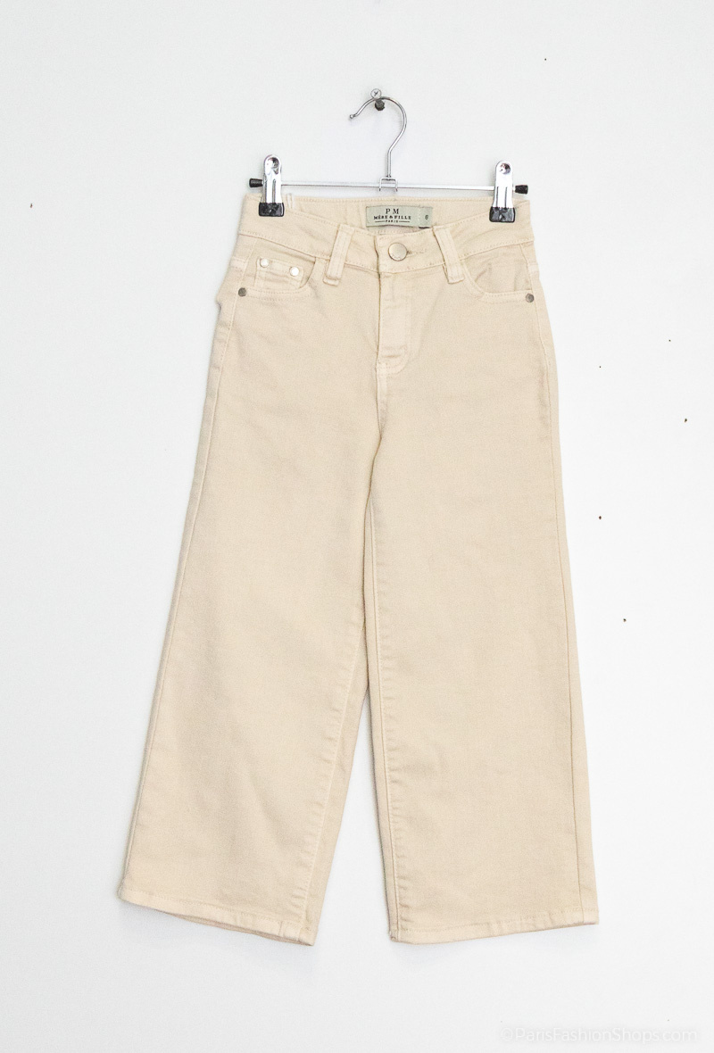 Grossista PM Mère & Fille - Jeans larghi beige con piccola tasca posteriore ricamata con cuore dorato.
