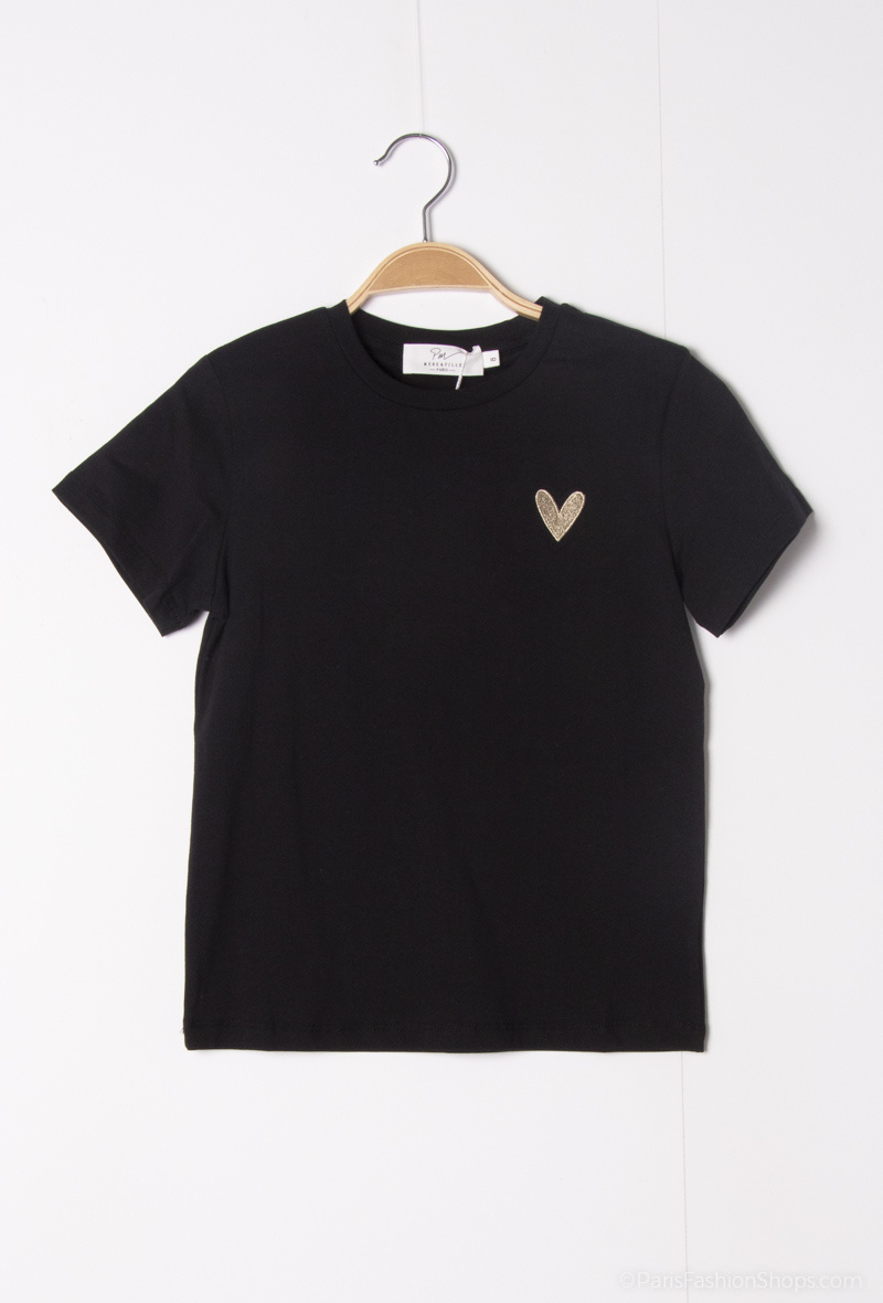 T-Shirt mit Herzstickerei - Schwarz - 1 - Großformat