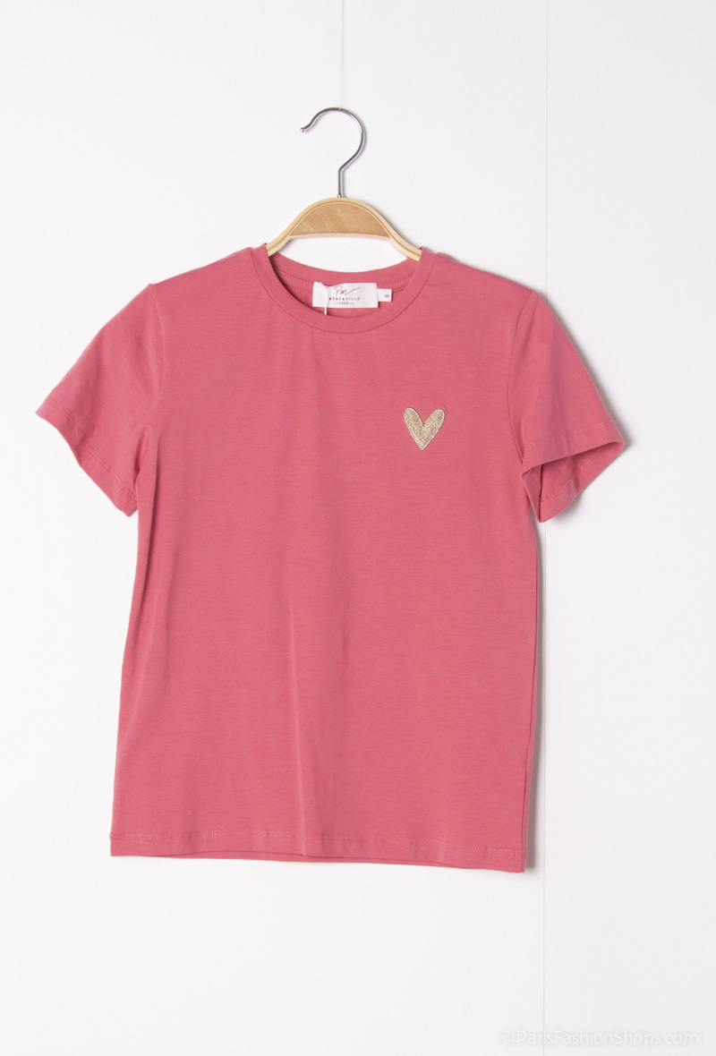 T-Shirt mit Herzstickerei - Rosa - 1 - Großformat