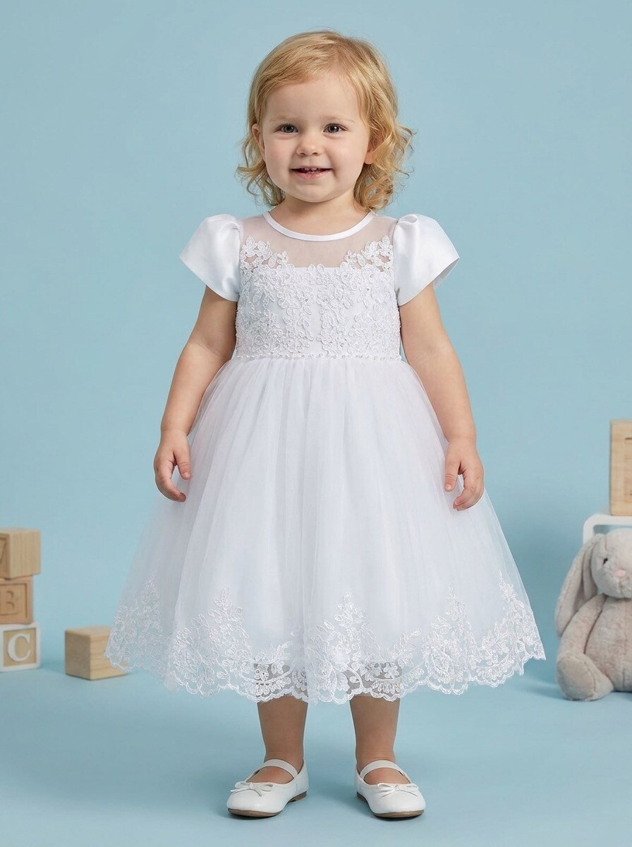 Grossiste R Framboise - Robe de cérémonie bébé en tulle et dentelle avec manches courtes et nœud au dos, idéale baptême, mariage, cérémonie, anniversaire et fête