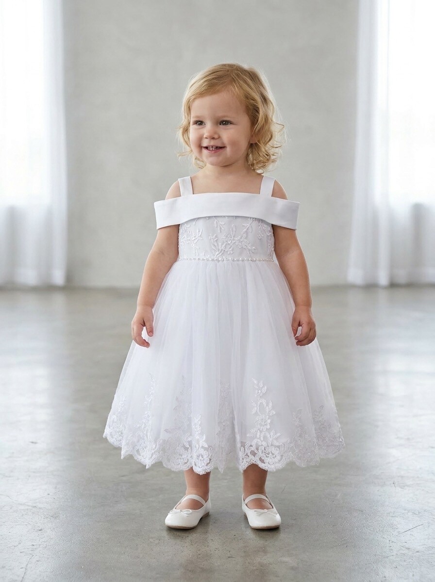 Grossista R Framboise - Abito da cerimonia per bebè in pizzo e tulle con spalle scoperte, perfetto per battesimi, matrimoni, compleanni, feste e occasioni speciali