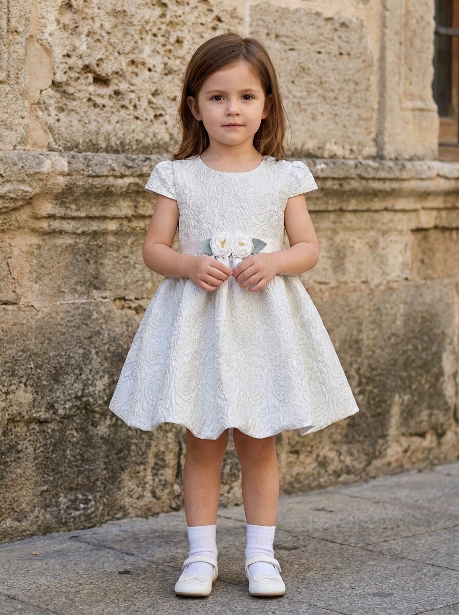Grossiste R Framboise - Robe de cérémonie enfant jacquard à motifs floraux avec ceinture à fleurs, idéale mariage, cérémonie et fête