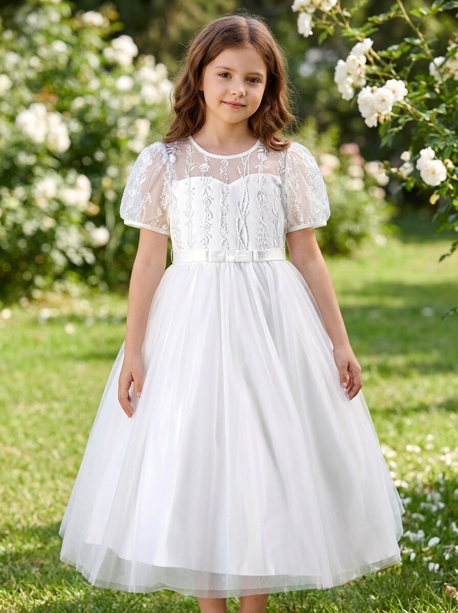 Grossista R Framboise - Abito da cerimonia per bambini in tulle scintillante con fiore decorativo e gonna voluminosa, ideale per matrimoni, battesimi, comunioni, cortei e feste.