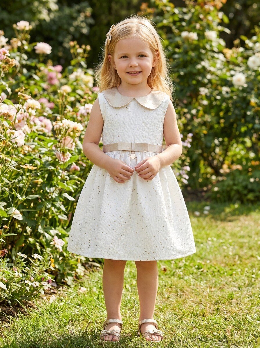 Grossiste R Framboise - Robe de cérémonie enfant en tissu texturé avec col Claudine et ceinture décorative, idéale mariage, cérémonie et fête