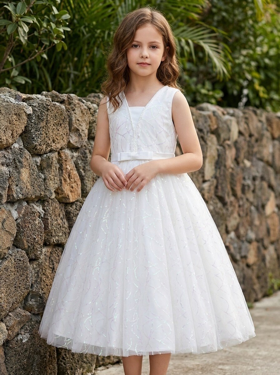 Grossista R Framboise - Abito da cerimonia per bambini in tulle scintillante con scollo a V e gonna voluminosa, perfetto per matrimoni, cerimonie e feste