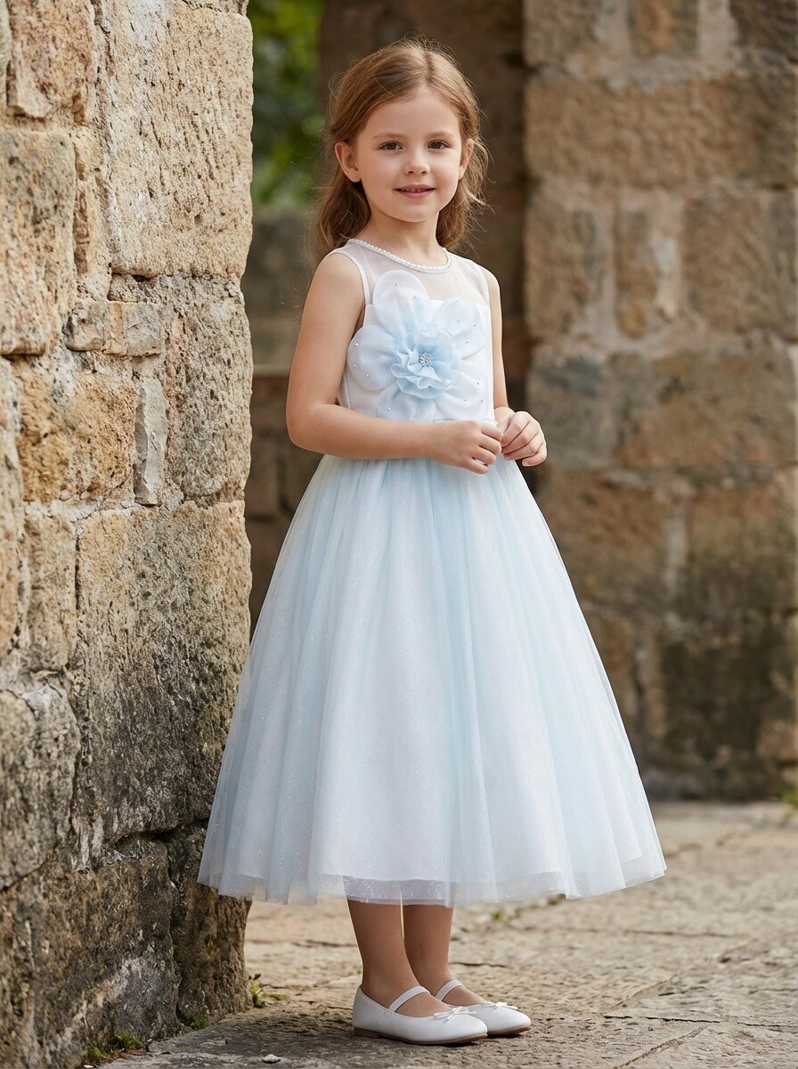 Grossiste R Framboise - Robe de cérémonie enfant en tulle scintillant avec fleur décorative et jupe volumineuse, idéale mariage, baptême, communion, cortège, et fête.
