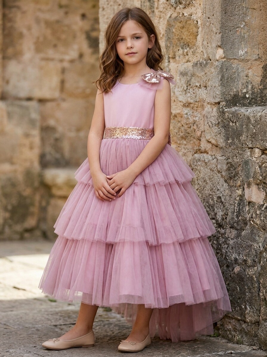 Wholesaler R Framboise - Children's ruffled tulle dress with a sparkling belt, perfect for ceremonies, weddings, and festive occasions