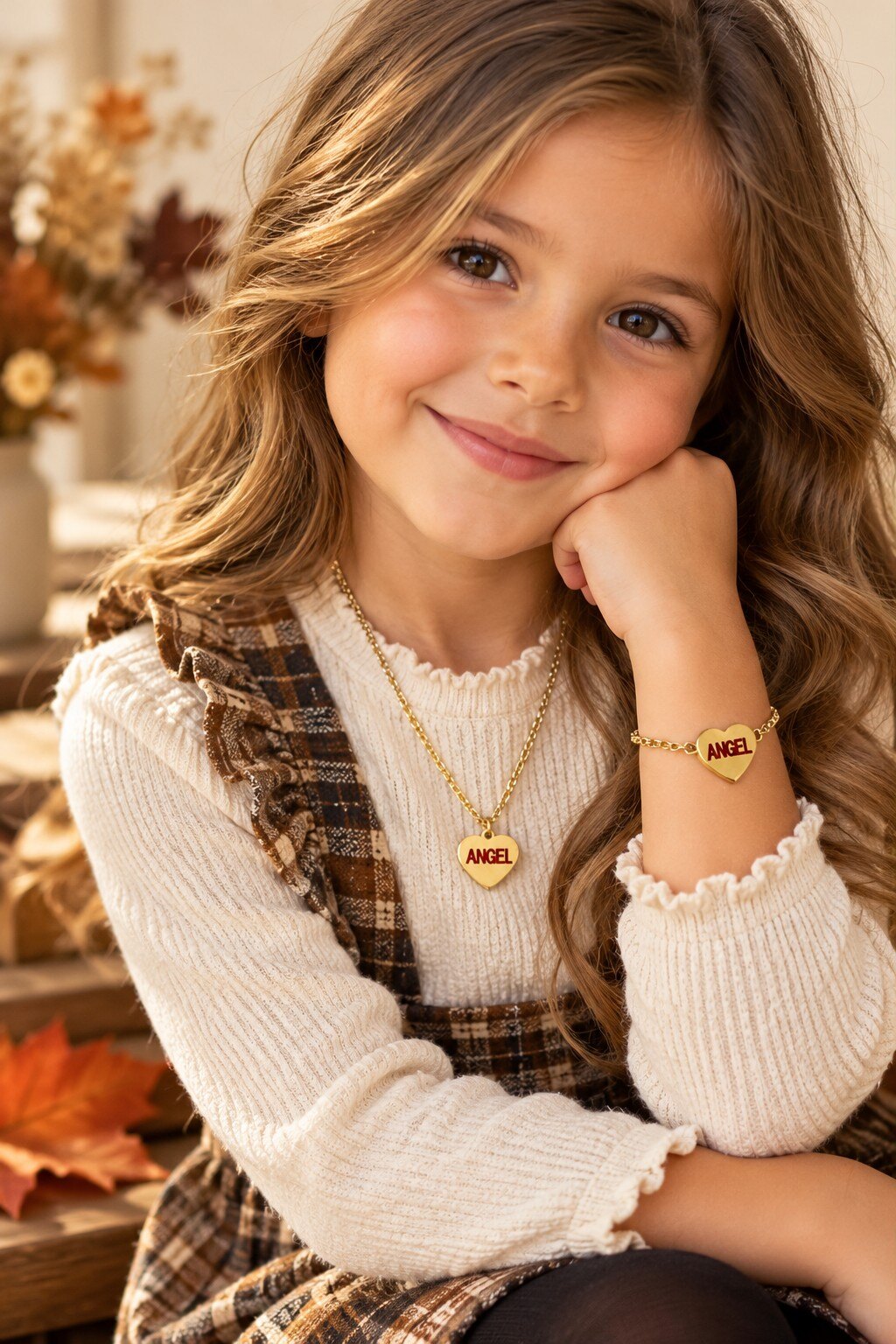 Grossiste ROSE PINK - Parure Enfant «ANGEL» – Collier et Bracelet Cœur Doré en Acier Inoxydable