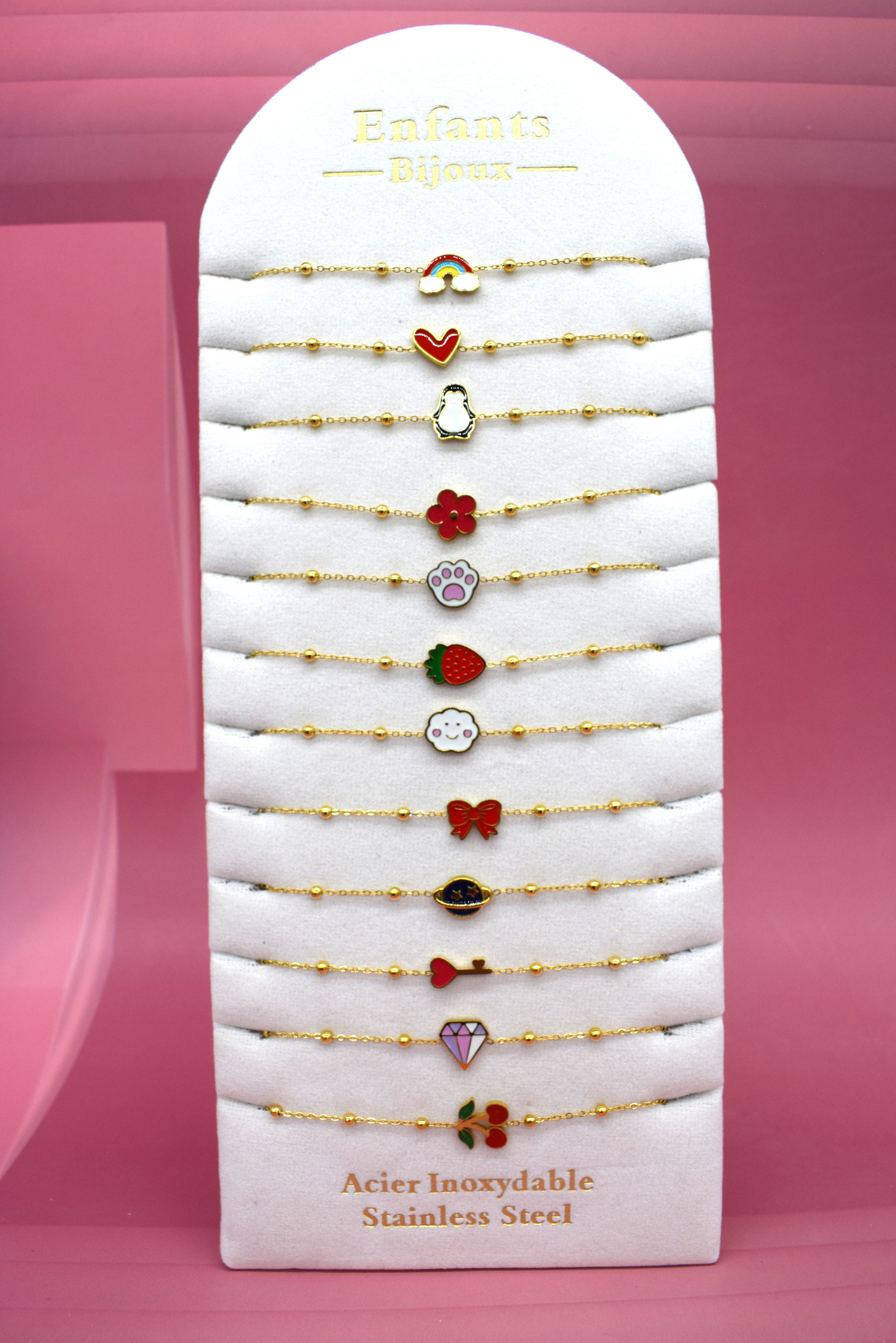 Grossiste Rouge Bonbons - Lot de 12 bracelets en acier inoxydable pour enfants