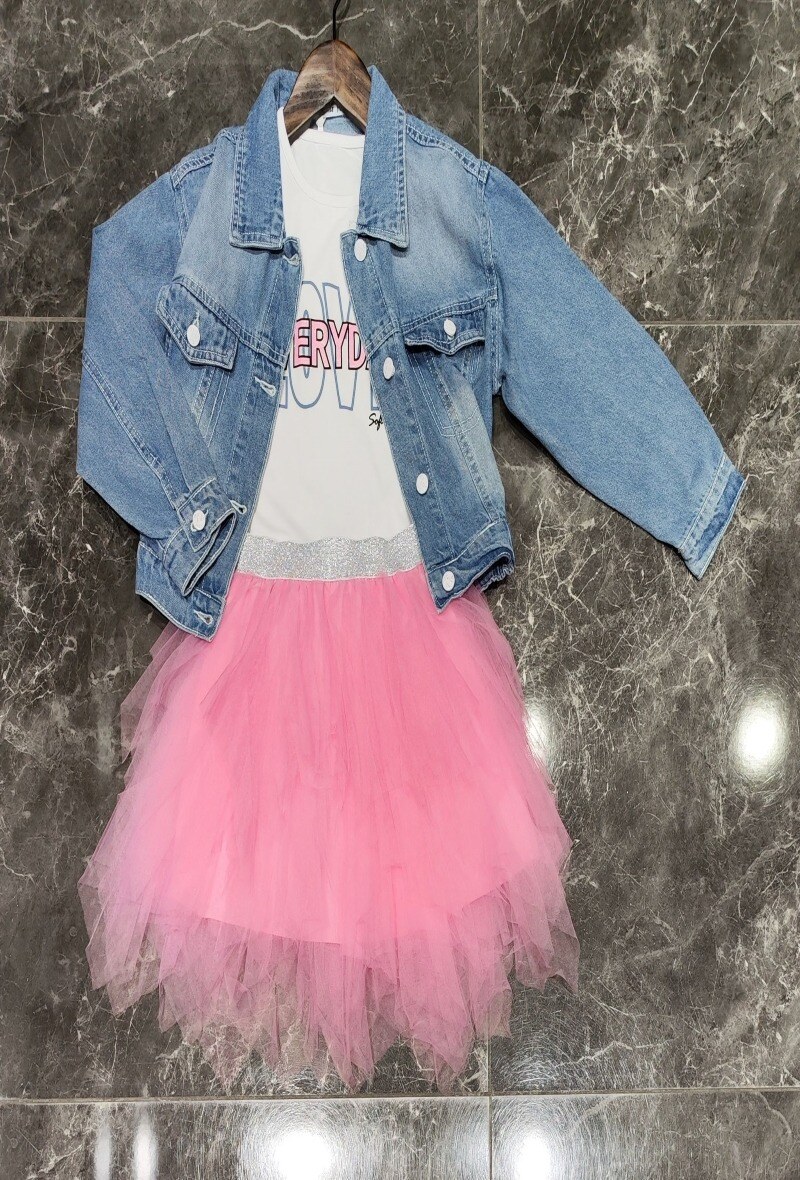 Grossiste Squared & Cubed - Ensemble 3 pièces veste en jeans, tshirt manches courtes et jupe en tulle