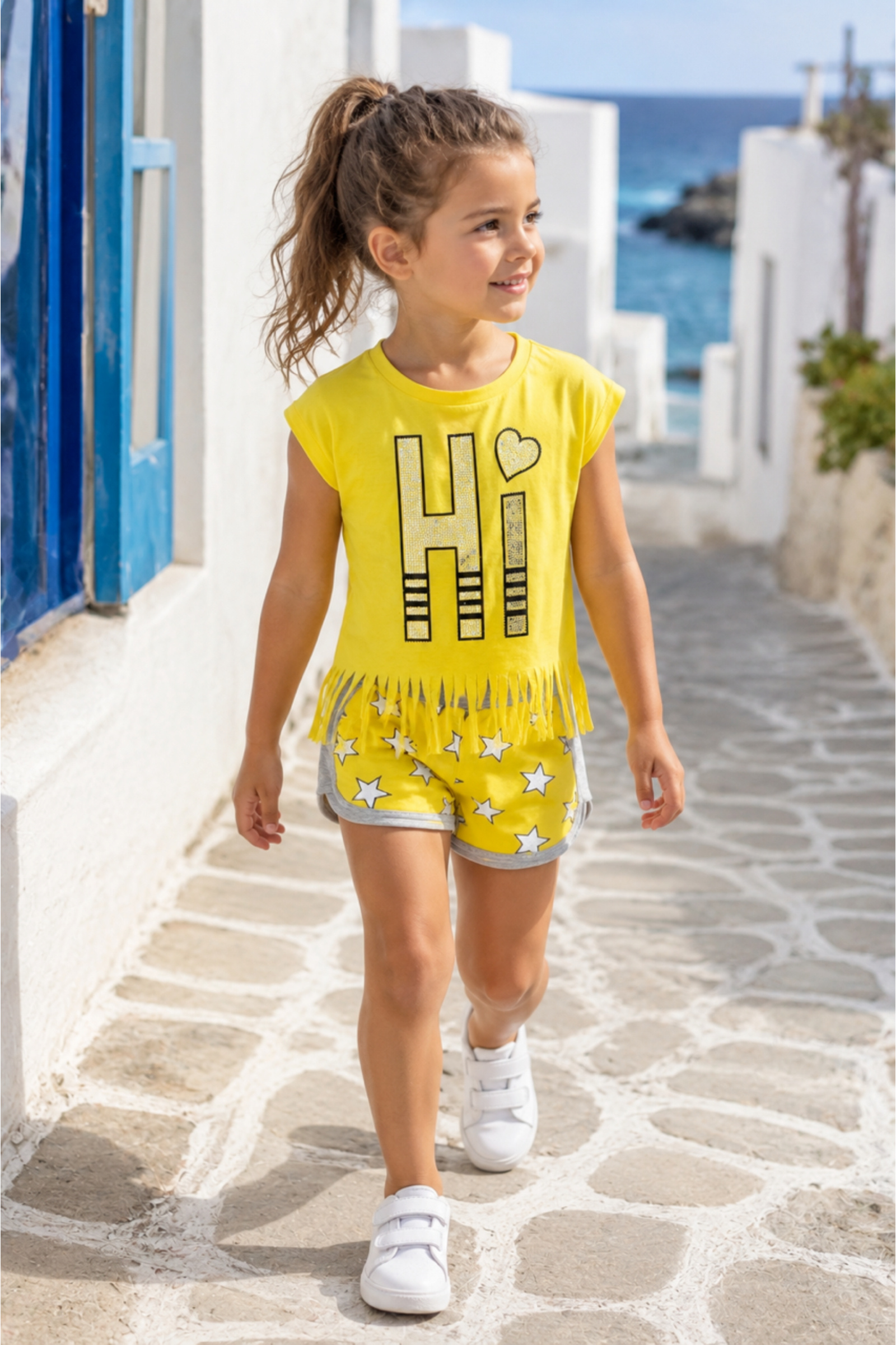 Grossiste Squared & Cubed - Ensemble fille tshirt à franges + short en coton imprimé Étoiles