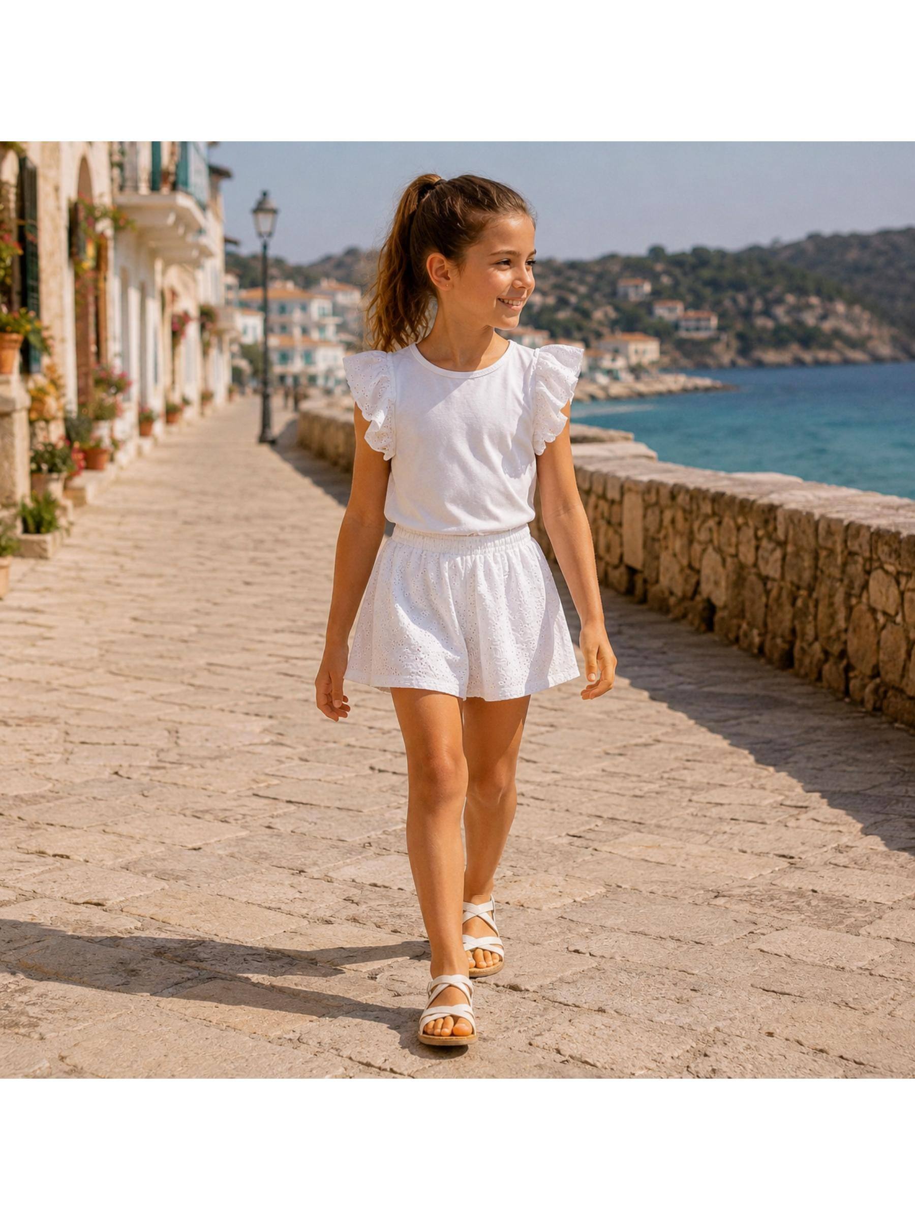 Grossista Squared & Cubed - Completo bambina con t-shirt con volant + gonna pantalone in popeline ricamato