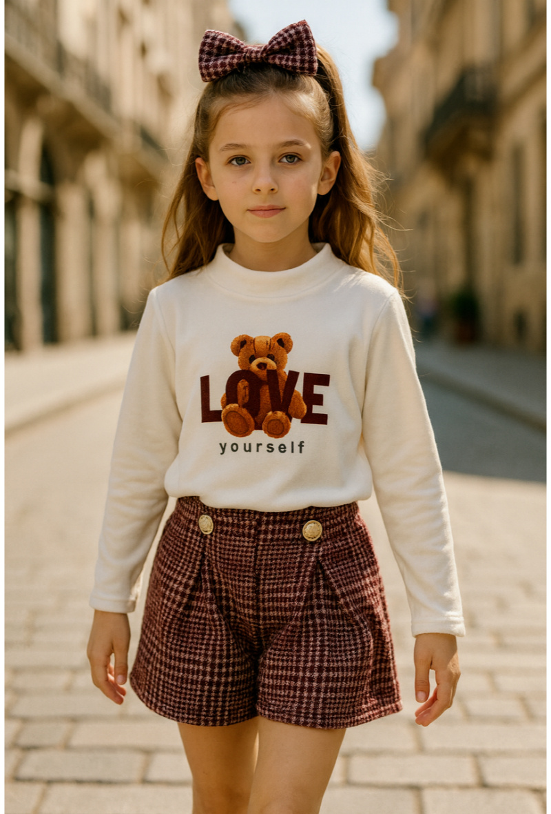 Großhändler Squared & Cubed - Set aus bedrucktem Samt-Top mit langen Ärmeln + karierte Wollshorts + passendes Haarband