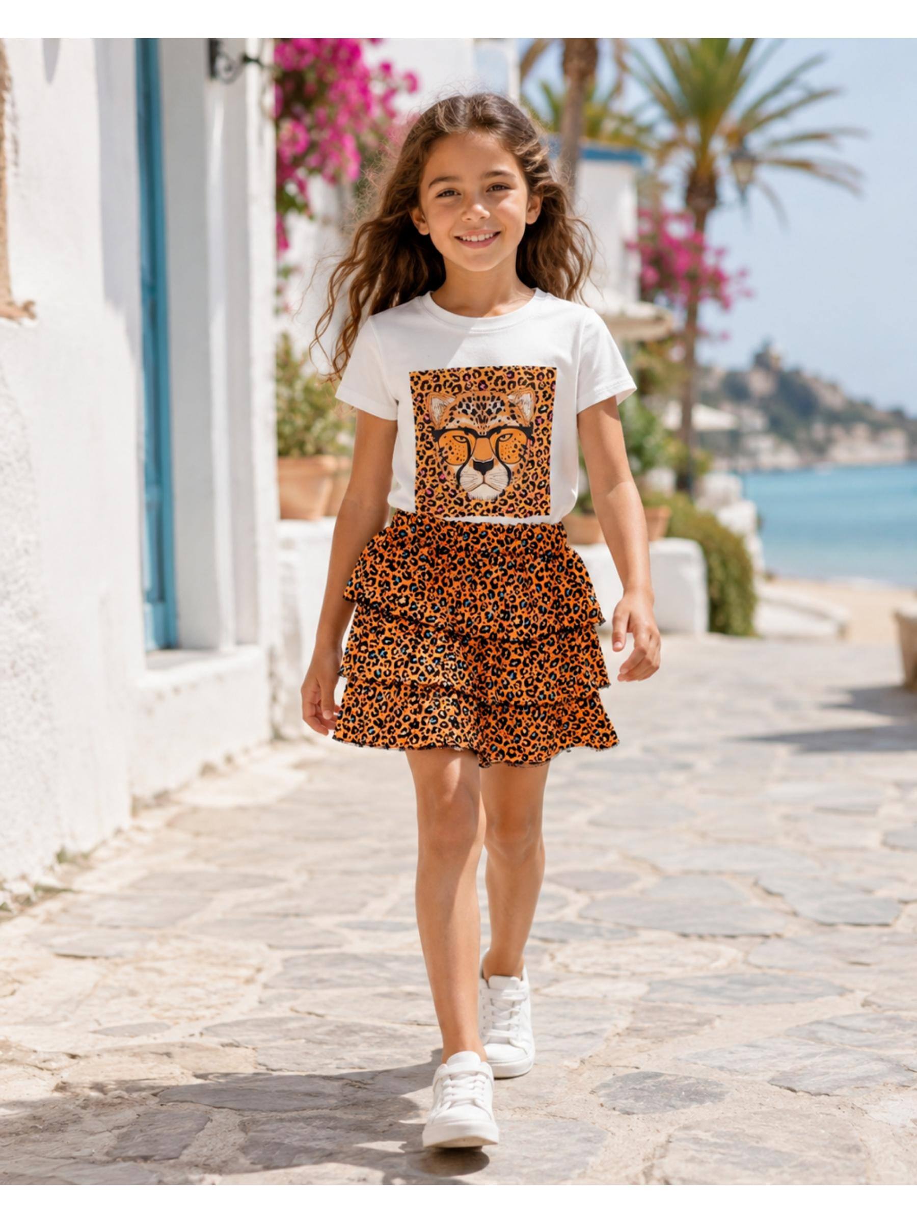 Grossista Squared & Cubed - Completo bambina: t-shirt + gonna con volant stampa leopardata