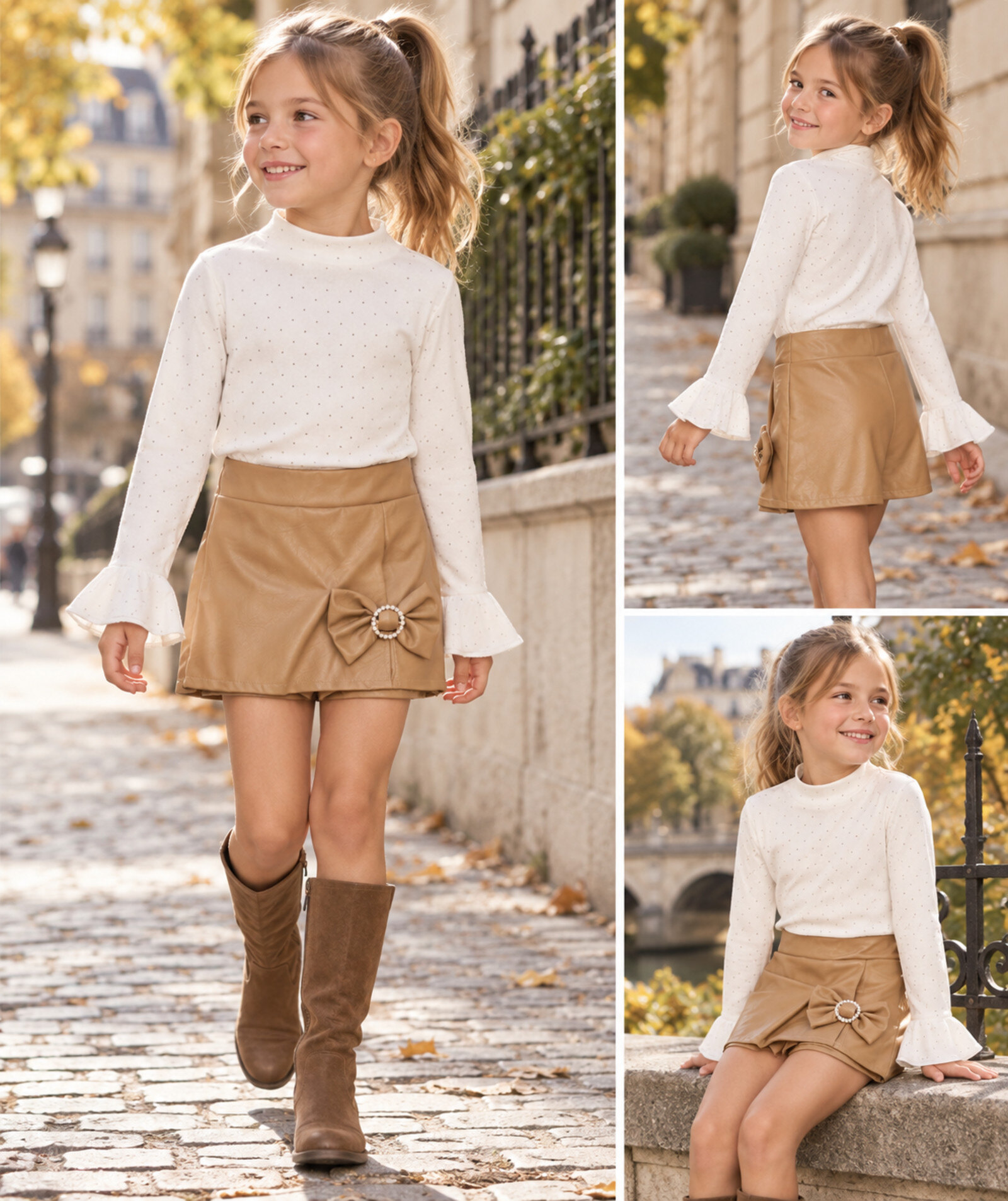 Grossiste Squared & Cubed - Ensemble fille top avec mini-strass à manches évasées + jupe short en similicuir