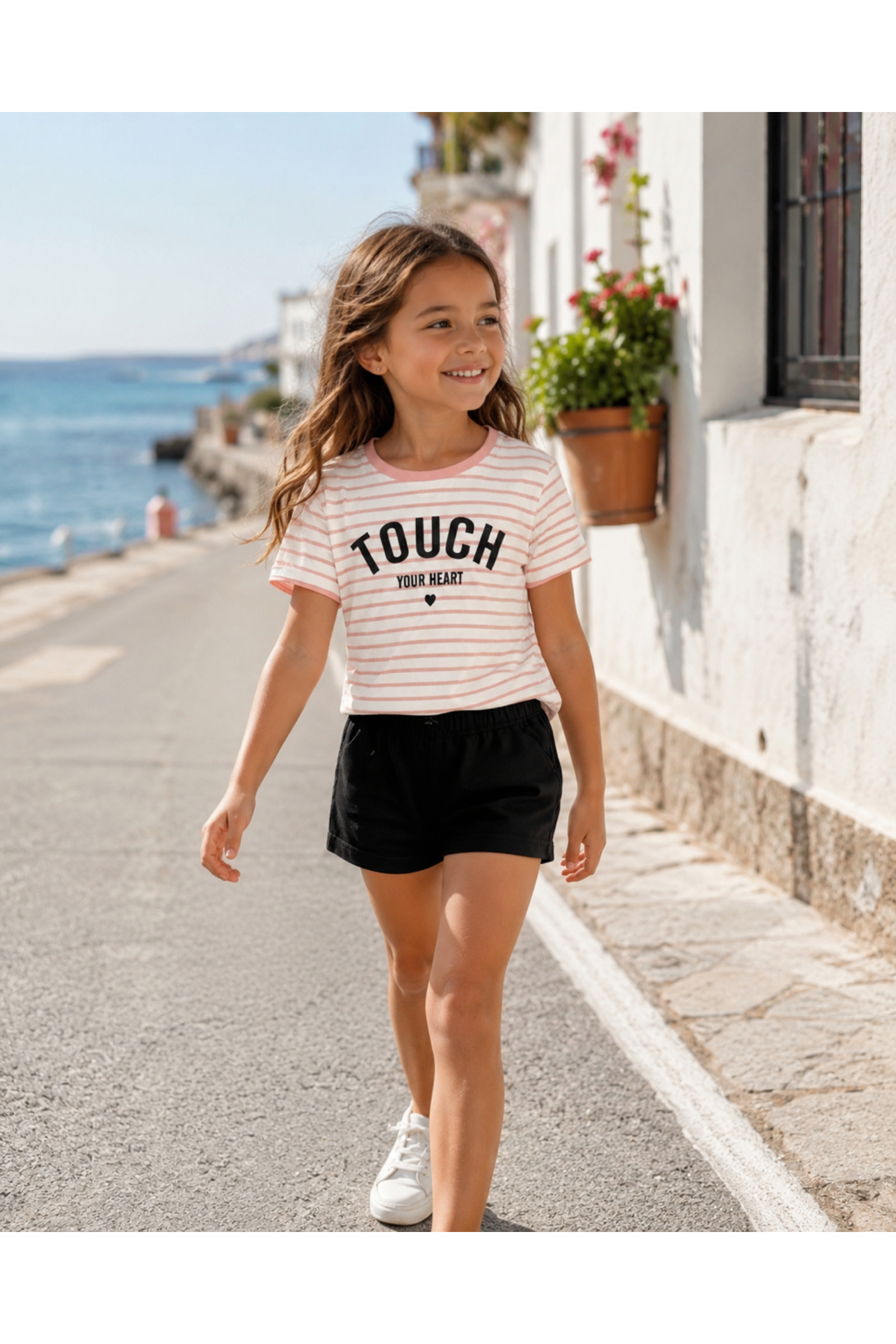 Grossiste Squared & Cubed - Ensemble fille t-shirt côtelé + short en coton imprimé Touch your heart