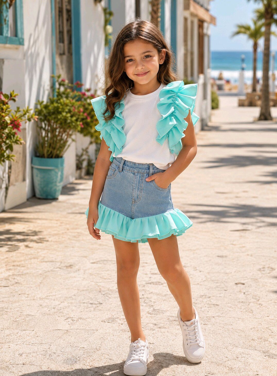Großhändler Squared & Cubed - Mädchen-Set mit Rüschen-T-Shirt + passenden Jeansshorts