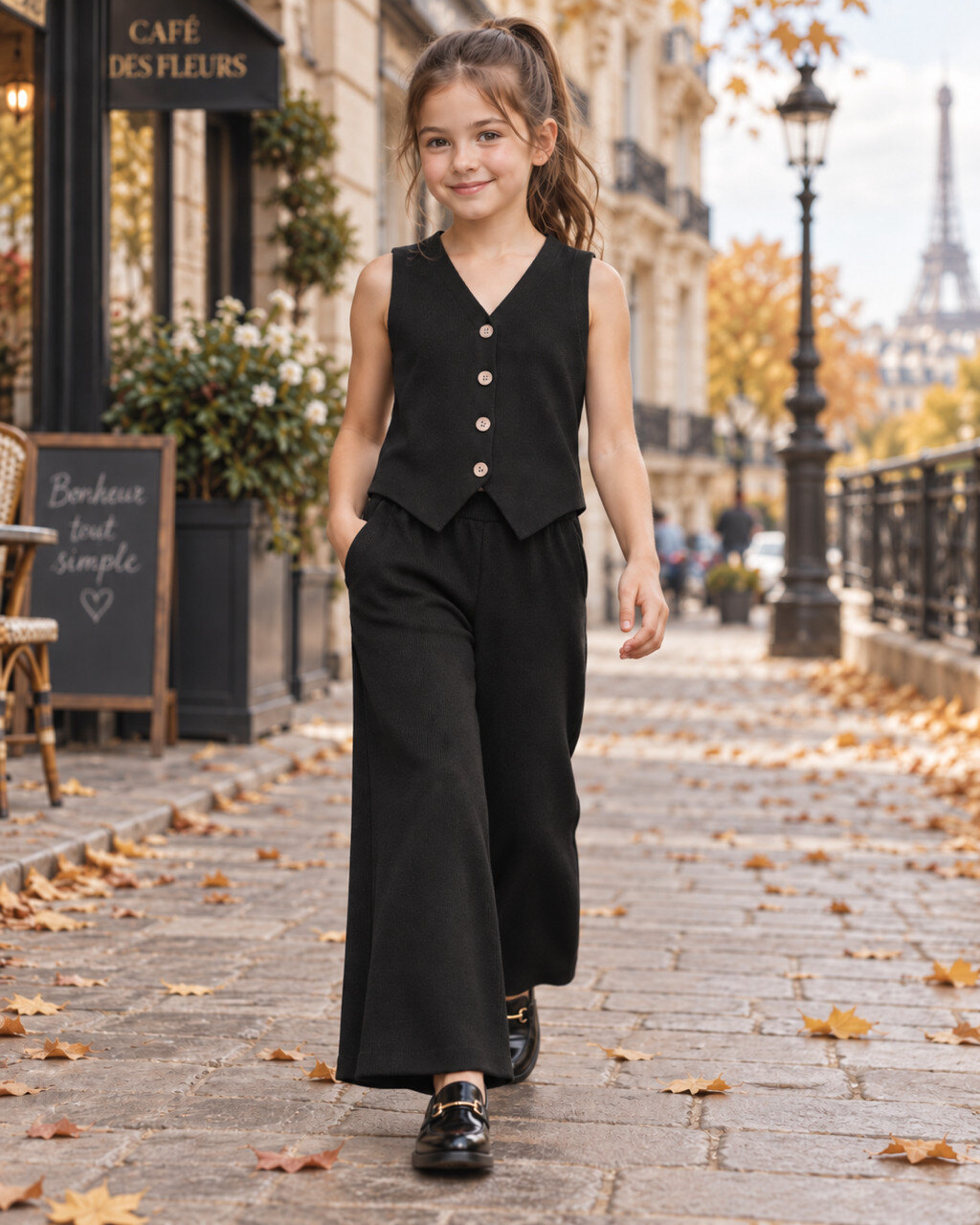 Grossiste Squared & Cubed - Ensemble en maille fille gilet sans manches à boutons + pantalon large