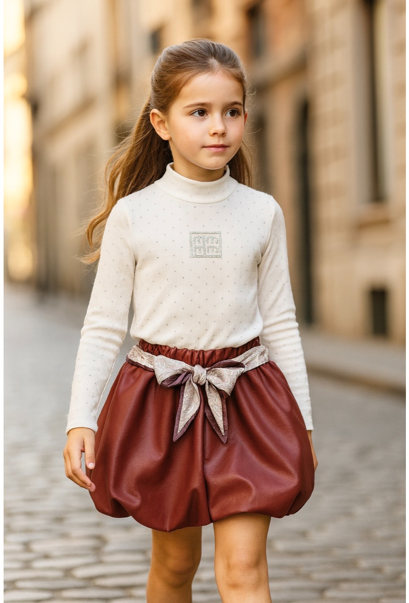Großhändler Squared & Cubed - Mädchen-Set: geripptes Top mit Strasssteinen verziert + Ballonshorts aus Kunstleder