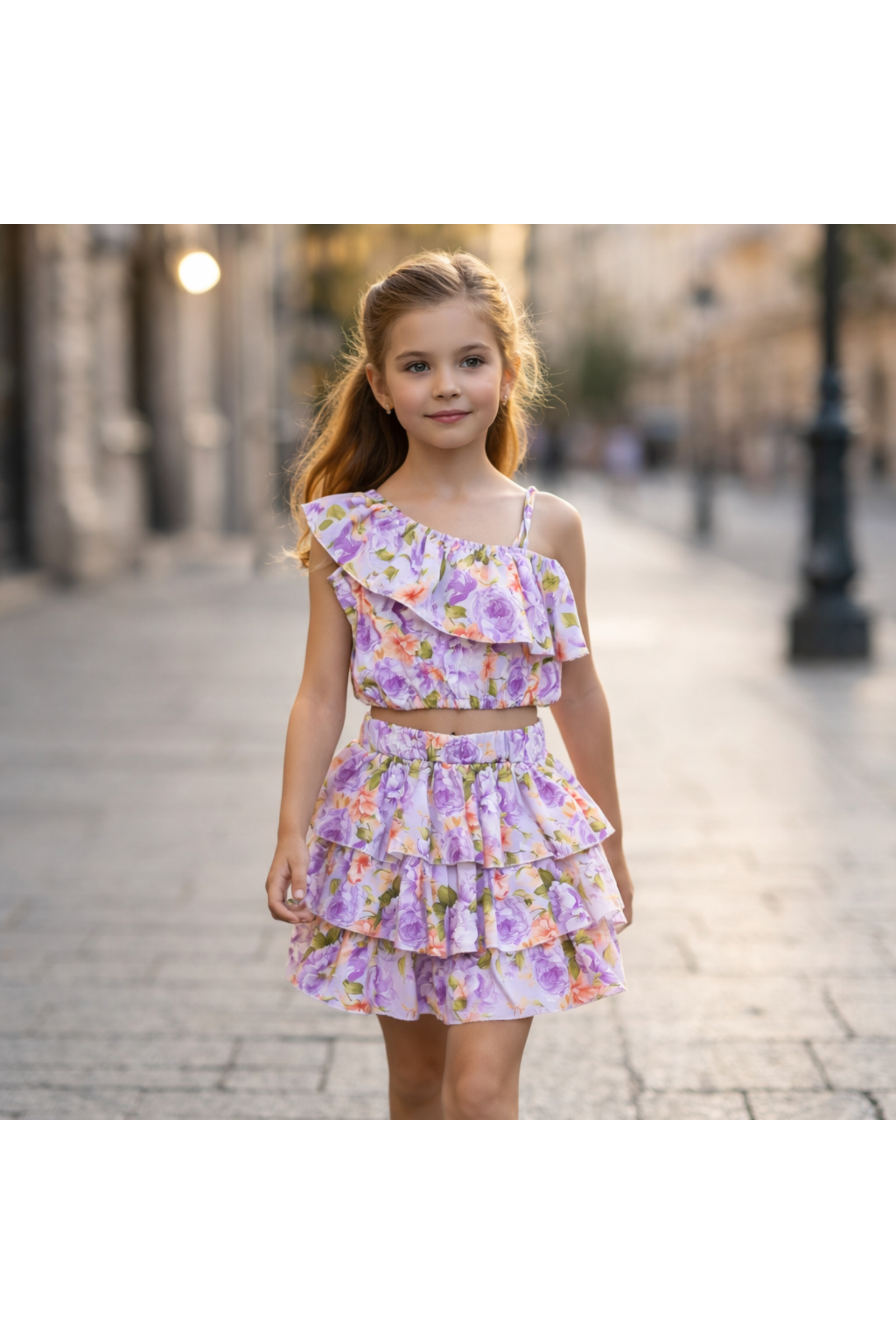 Grossiste Squared & Cubed - Ensemble fille débardeur asymétrique imprimé à fleurs + jupe à volants assortie