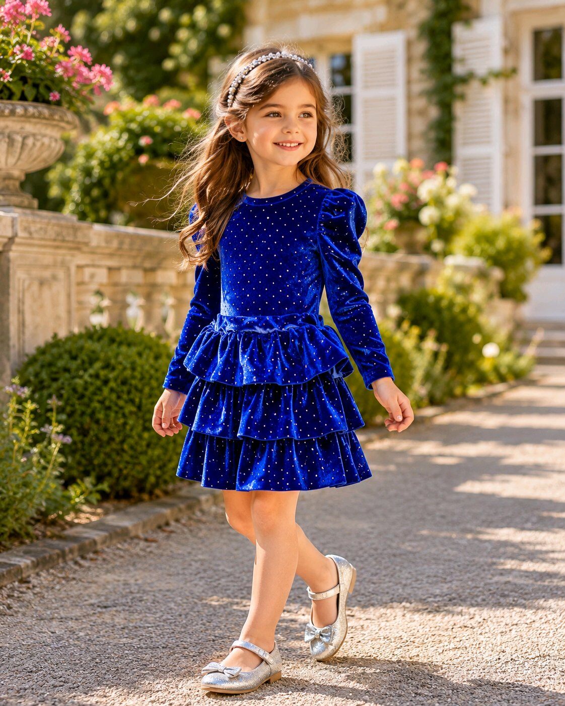 Grossiste Squared & Cubed - Ensemble top manches longues à manches bouffantes + jupe à volants en velours avec petits strass