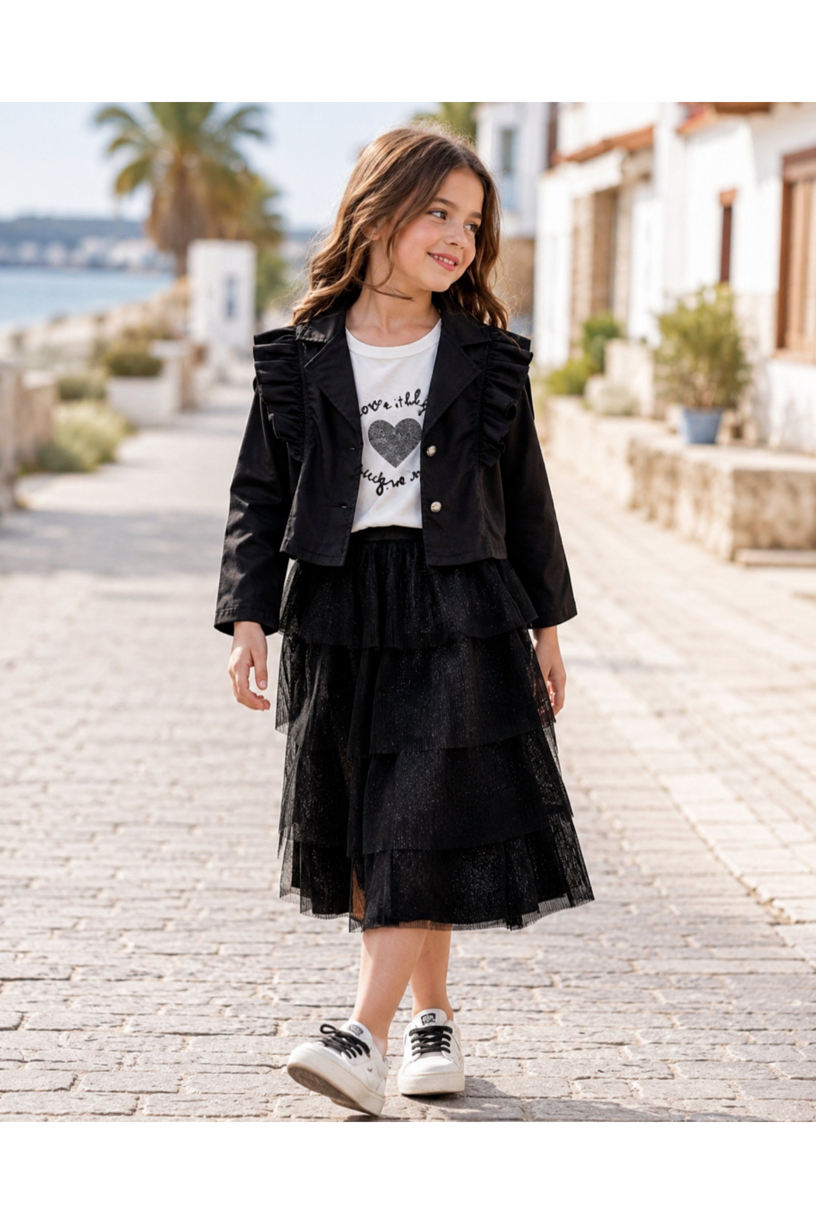 Mayorista Squared & Cubed - Conjunto de 3 piezas para niña: chaqueta + camiseta de manga corta + falda de tul con purpurina de largo medio