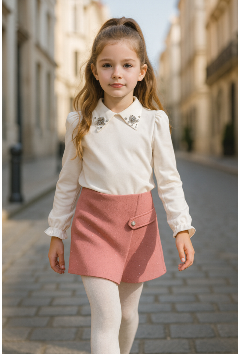 Großhändler Squared & Cubed - Mädchen-Set mit Hemdkragen-Top verziert mit Strasssteinen, innen mit Fleece gefüttert + Wollrock-Shorts