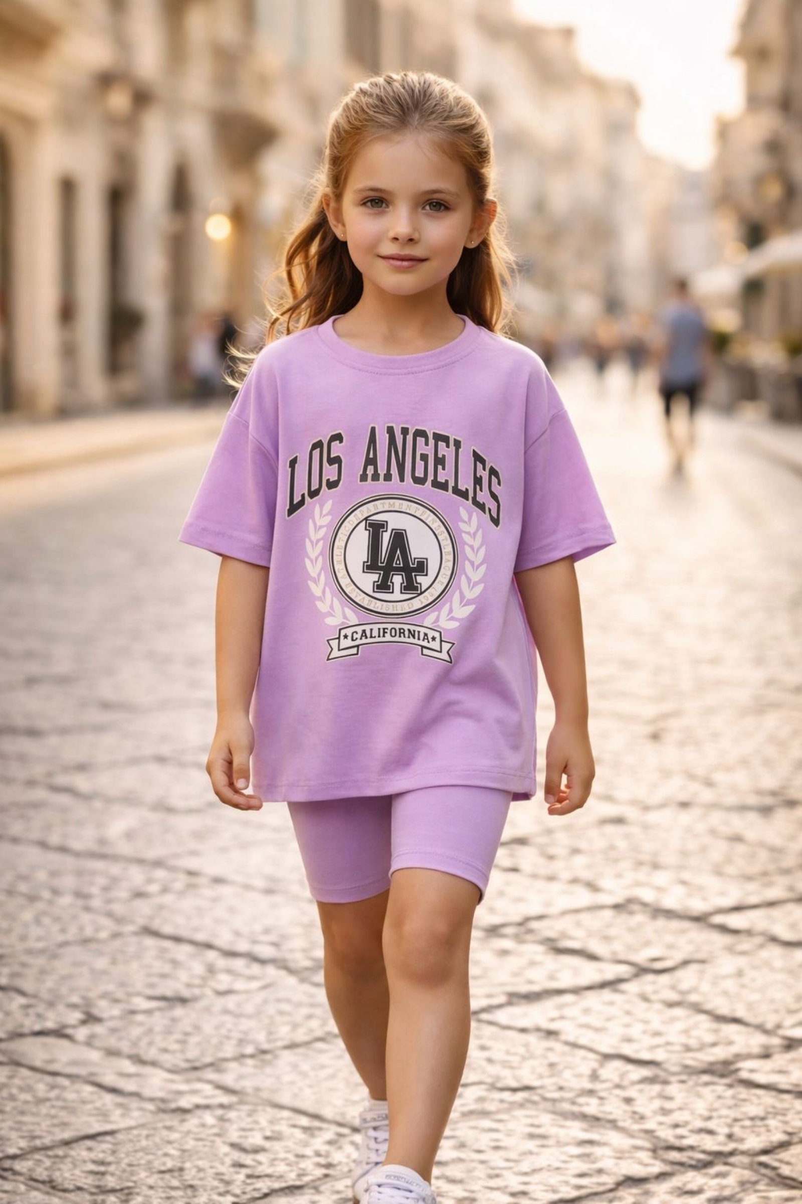 Grossiste Squared & Cubed - Ensemble fille tshirt oversize imprimé Los Angeles + cycliste assorti en coton