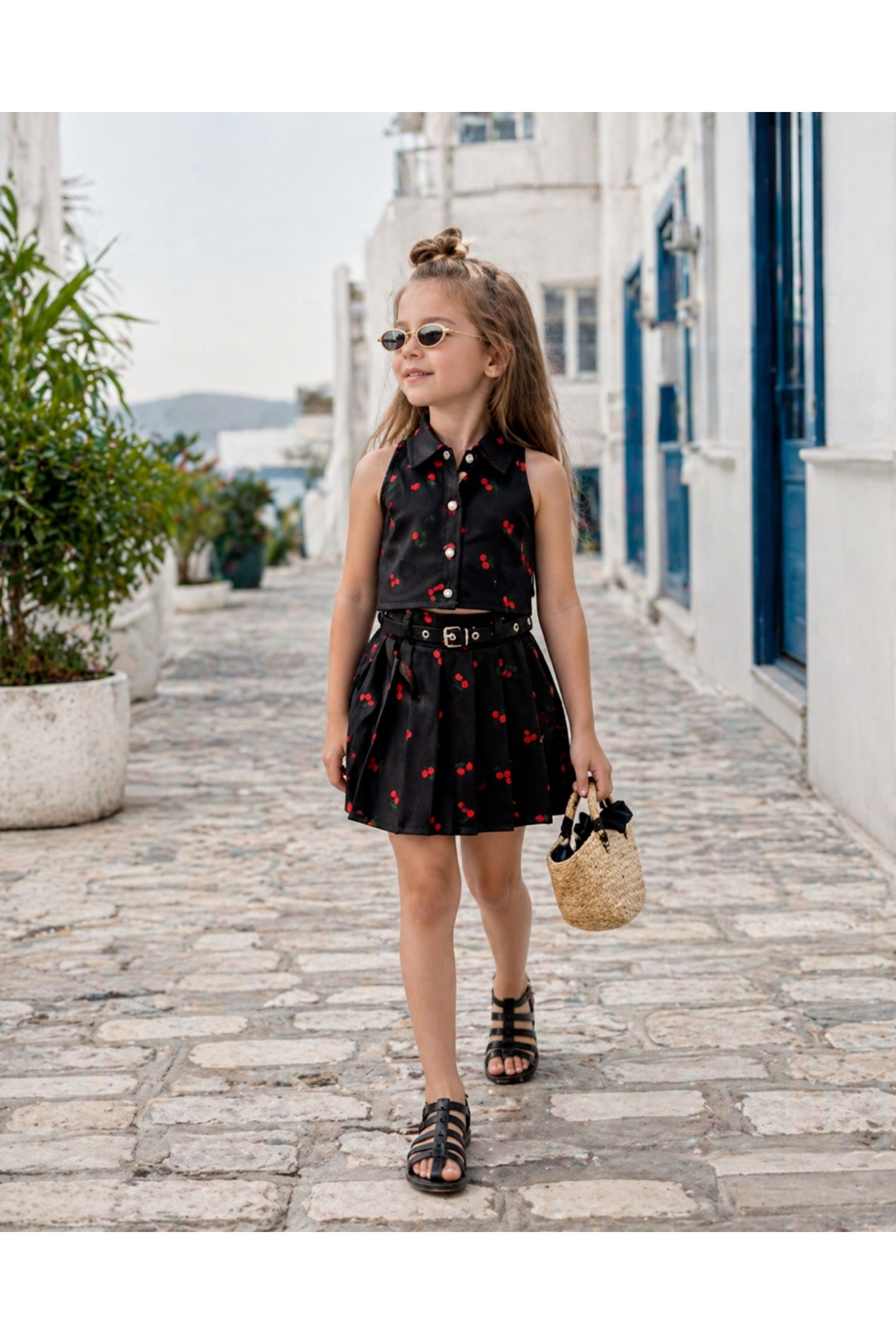 Grossiste Squared & Cubed - Ensemble fille chemisette dos nu + jupe plissée avec ceinture assortie à imprimé Cerises