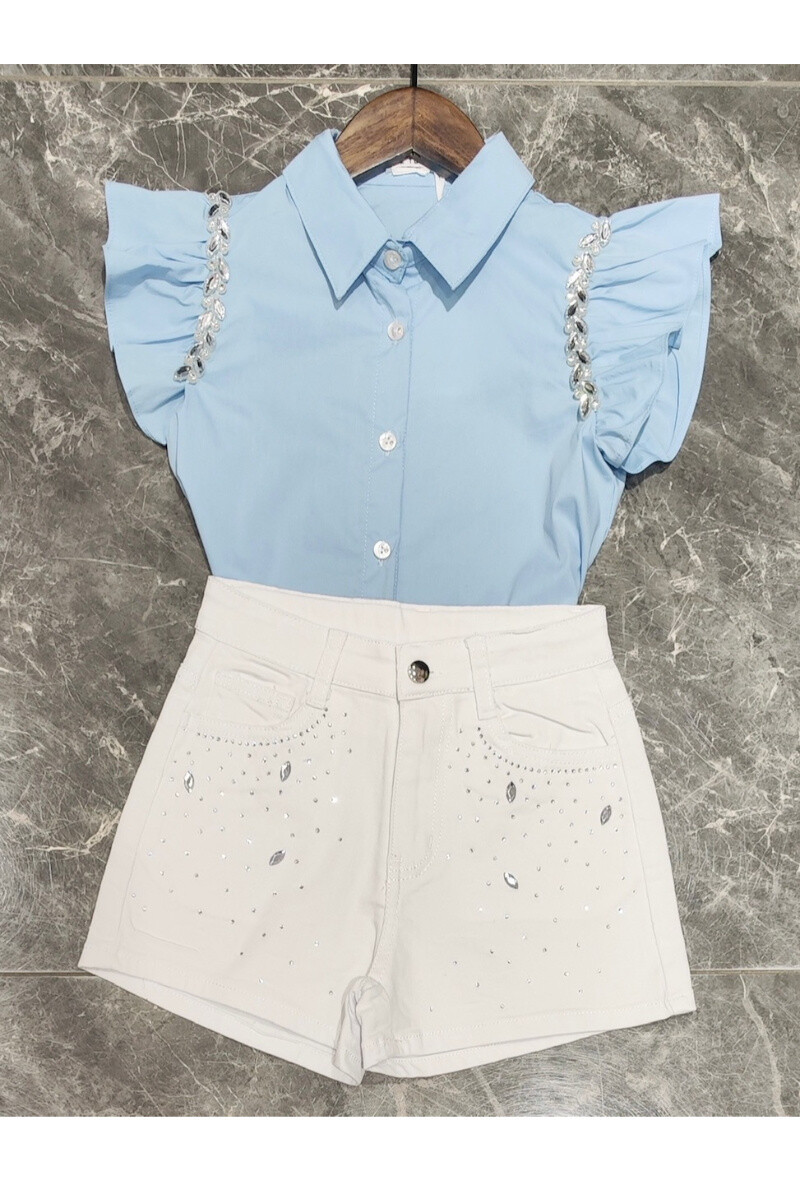 Grossiste Squared & Cubed - Ensemble chemisette avec volants et strass + short en jeans avec strass