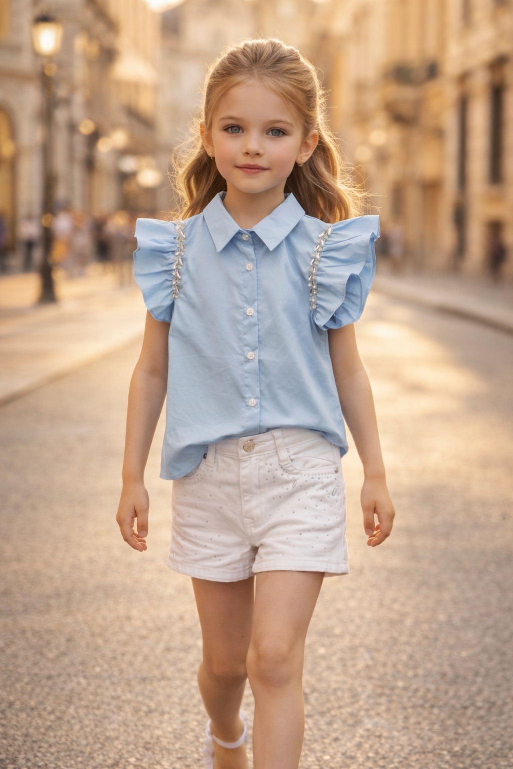 Grossista Squared & Cubed - Set con camicetta con volant e strass + shorts in denim con strass