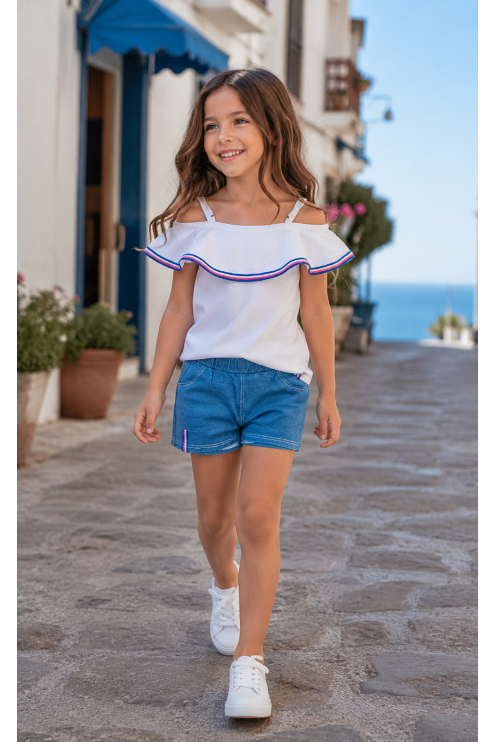 Mayorista Squared & Cubed - Conjunto de niña de algodón con camiseta de cuello barco + shorts color denim