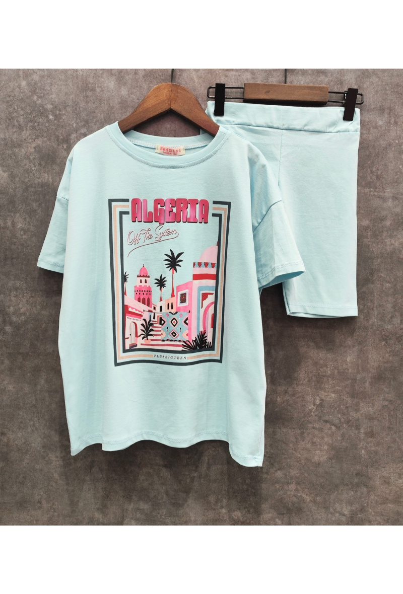 Grossista Squared & Cubed - Set di maglietta oversize per ragazze + pantaloncini da ciclista in cotone abbinati con stampa ALGERIA