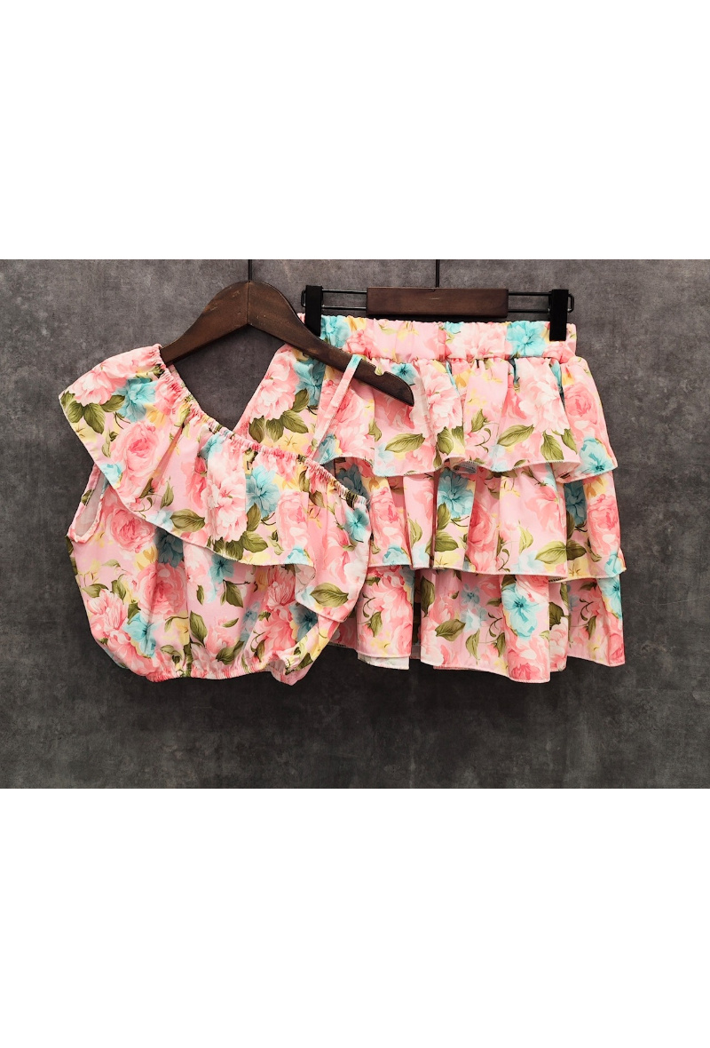 Grossiste Squared & Cubed - Ensemble 2 pièces fille top asymétrique + jupe à volants à imprimé à fleurs