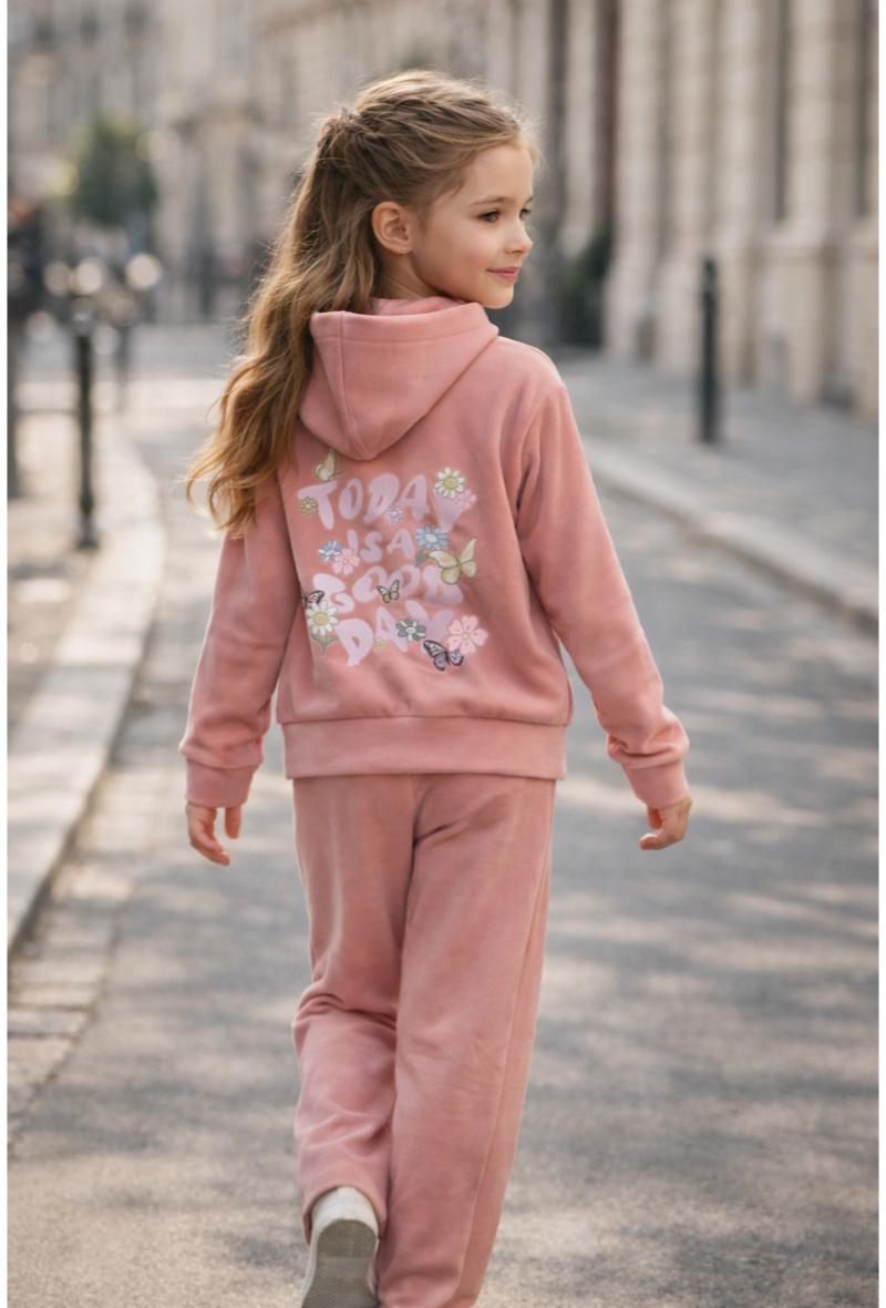 Mayorista Squared & Cubed - Conjunto de chándal para niña con sudadera con cremallera + pantalón de pierna ancha en terciopelo de piel de melocotón con estampado en la parte delantera y trasera