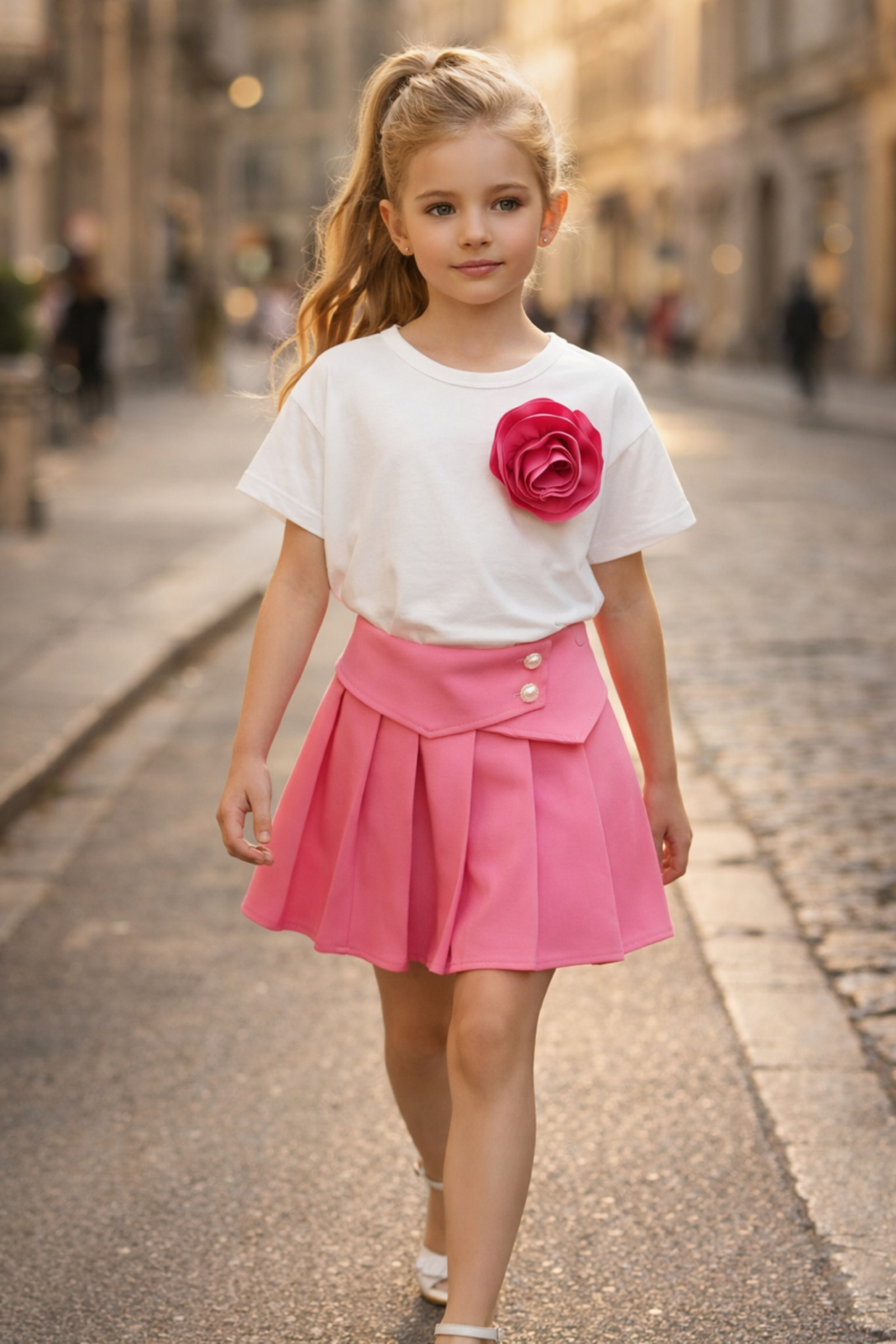 Grossiste Squared & Cubed - Ensemble fille tshirt avec broche fleur + jupe plissée assortie