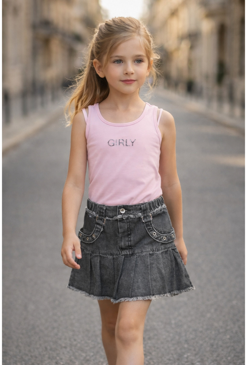 Großhändler Squared & Cubed - Tanktop-Set mit Strass-Schriftzug + plissierter Jeansrock