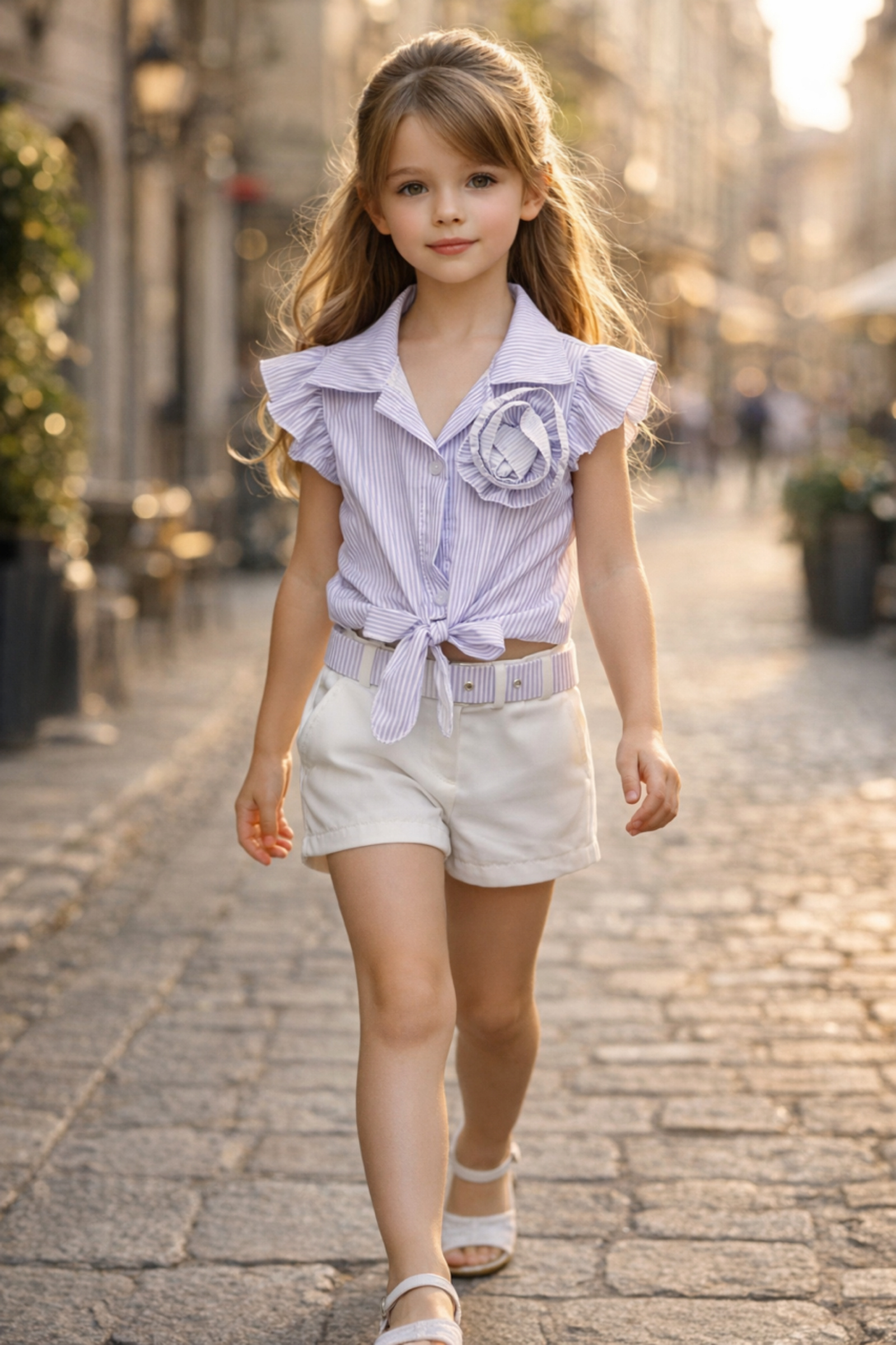 Grossista Squared & Cubed - Completo bambina con camicetta a balze + pantaloncini con cintura coordinata