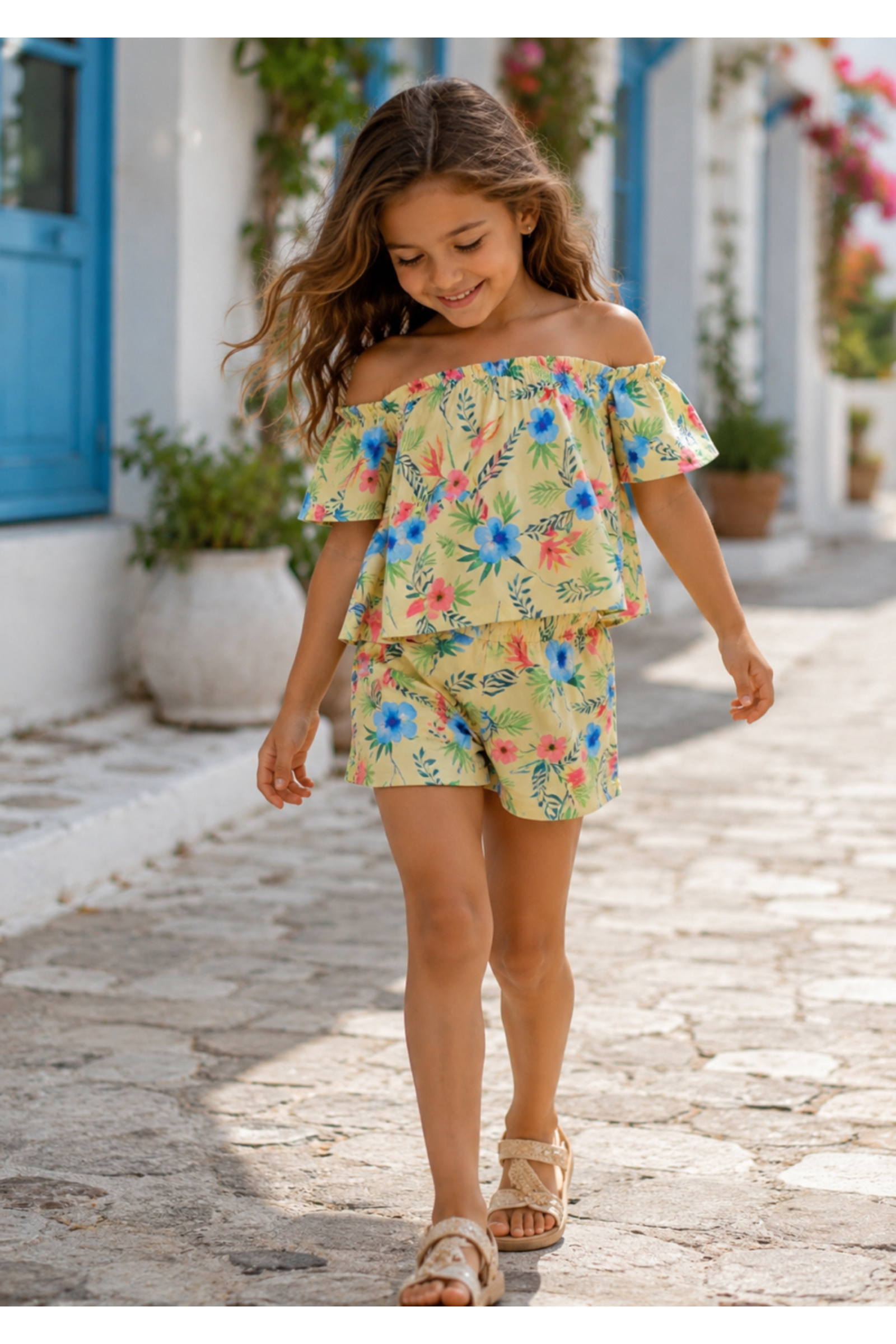 Großhändler Squared & Cubed - Mädchen-Set mit elastischem Ausschnitt-Top + fließenden Shorts mit Blumenmuster