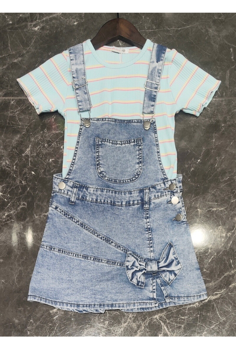 Grossiste Squared & Cubed - Ensemble tshirt cotelé + salopette jupe-short en jeans