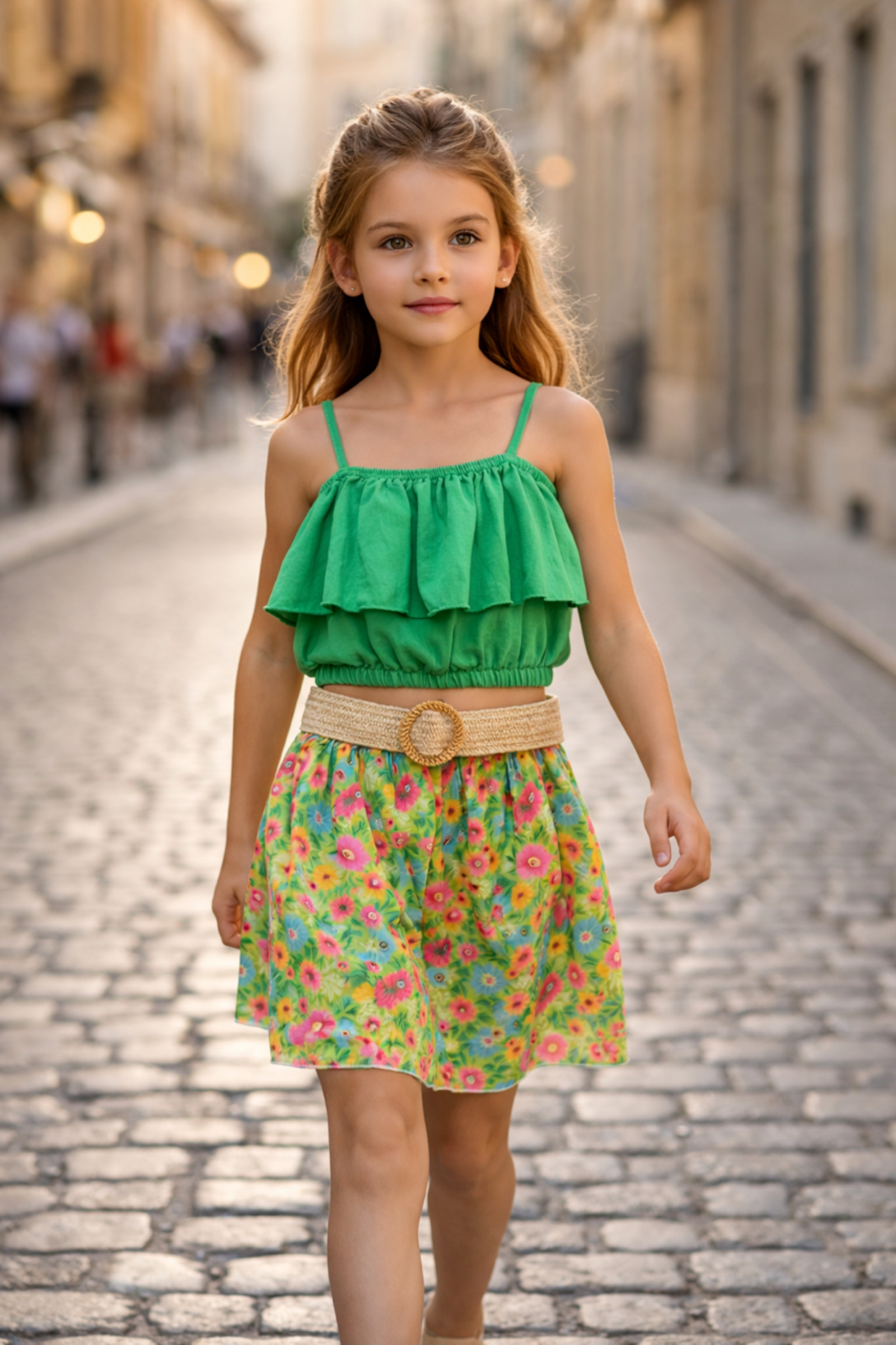 Grossista Squared & Cubed - Completo bambina: top e gonna con stampa floreale e cintura