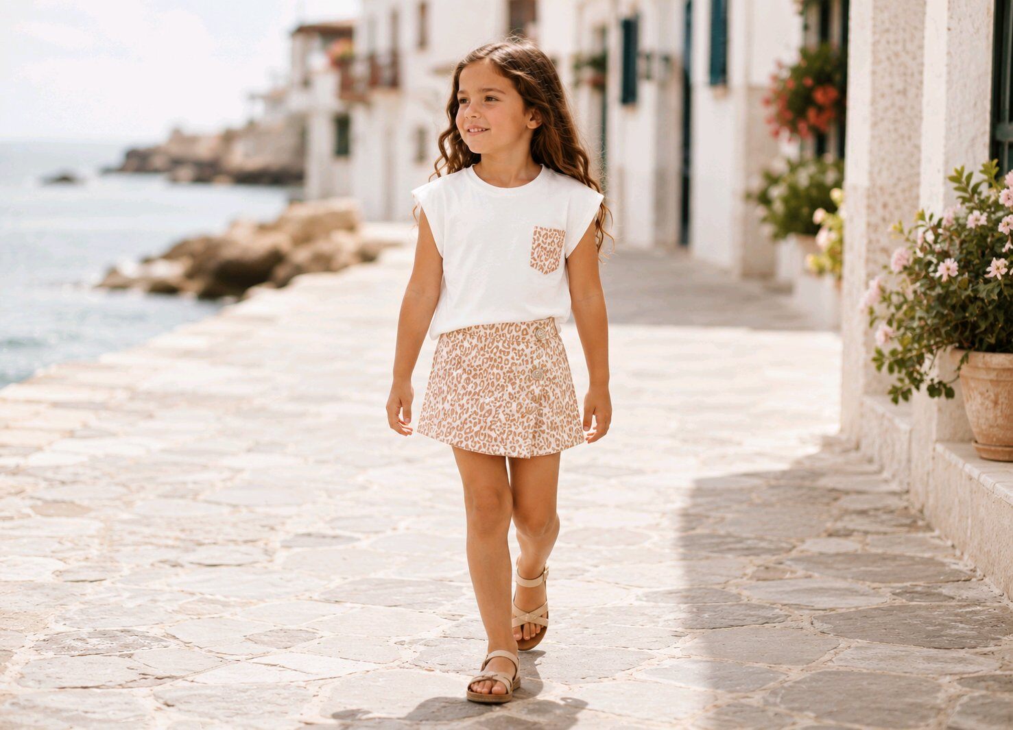 Grossiste Squared & Cubed - Ensemble fille tshirt sans manches avec poche imprimée léopard + jupe short assortie