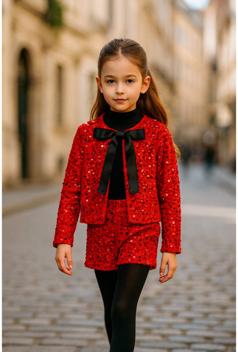 Grossista Squared & Cubed - Completo bambina in velluto ornato di paillettes giacca + pantaloncini