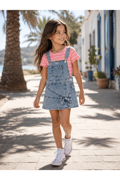 Wholesaler Squared & Cubed - Girls' set with a multicolored striped ribbed t-shirt + denim skirtall shorts Wholesaler Squared & Cubed - Girls' set with a multicolored striped ribbed t-shirt + denim skirtall shorts