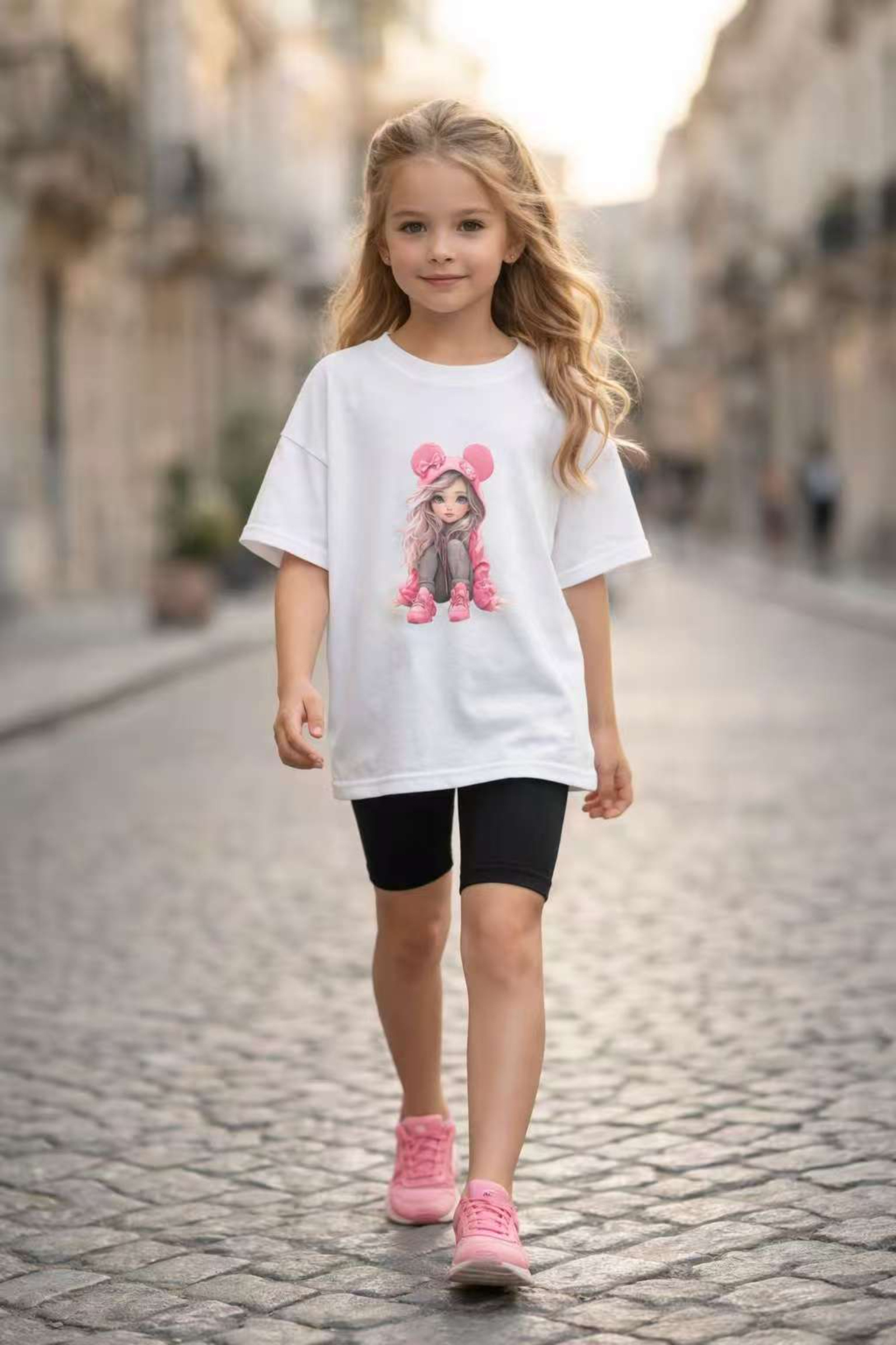 Großhändler Squared & Cubed - Mädchen Oversize T-Shirt Set mit Print + passende Baumwoll-Radlerhose